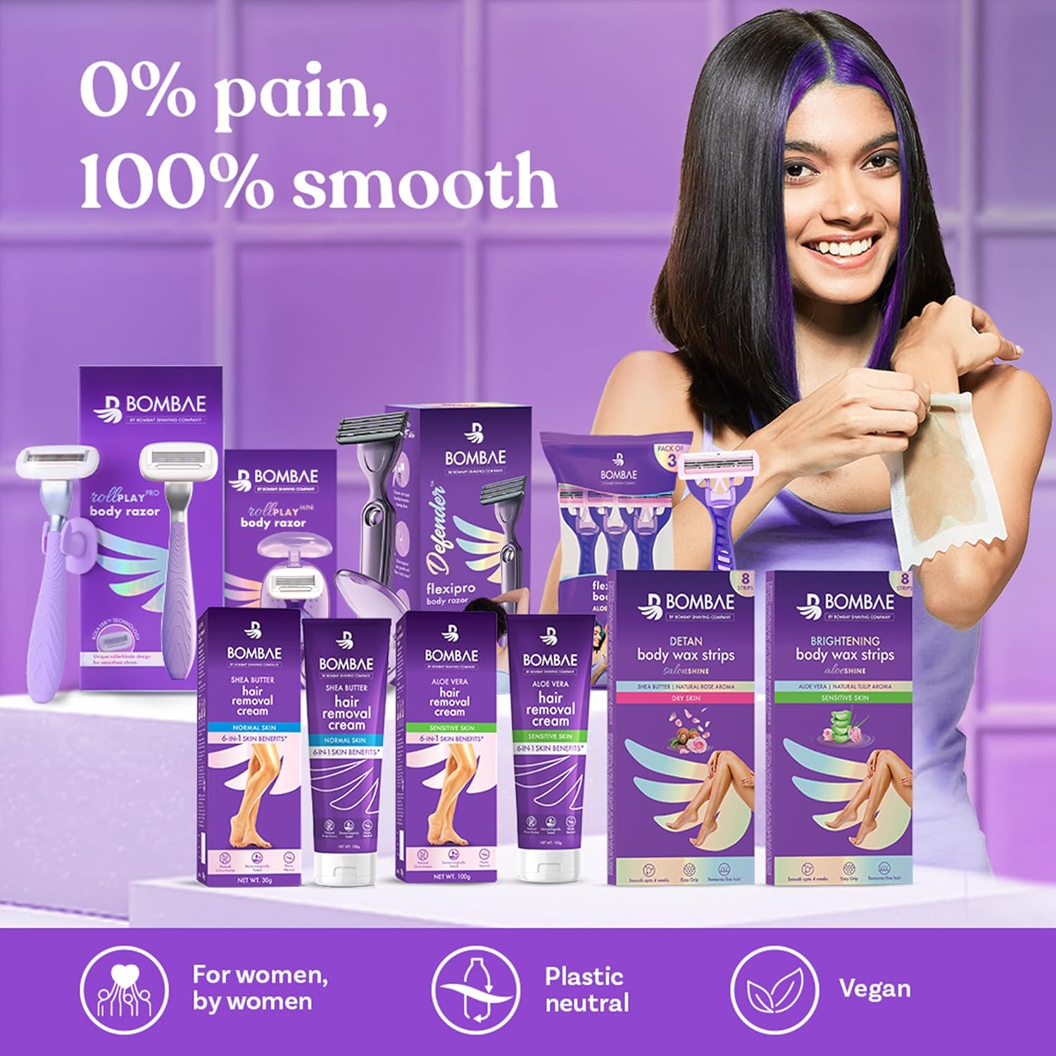 Bombae Full Body Wax Strips with Shea Butter for Women (8+2 Strips)| Full Body Cold Wax Strips for Arms, Underarms, Legs | Post-wax Wipes for mess-free, Smooth skin BOMBAE