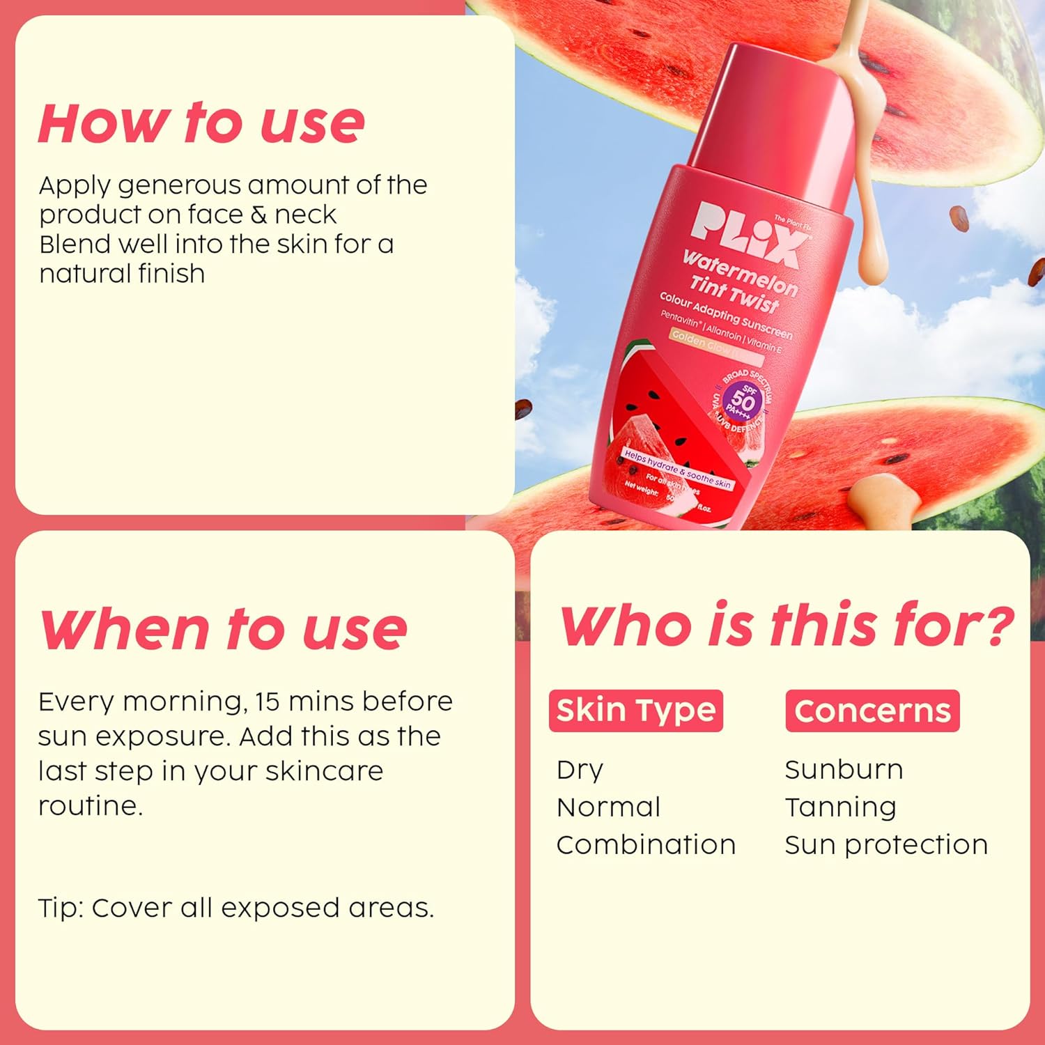 Plix  Watermelon Tint Twist Color-Adapting Golden Glow (Light) Sunscreen | SPF 50 PA++++ 50ml PLIX