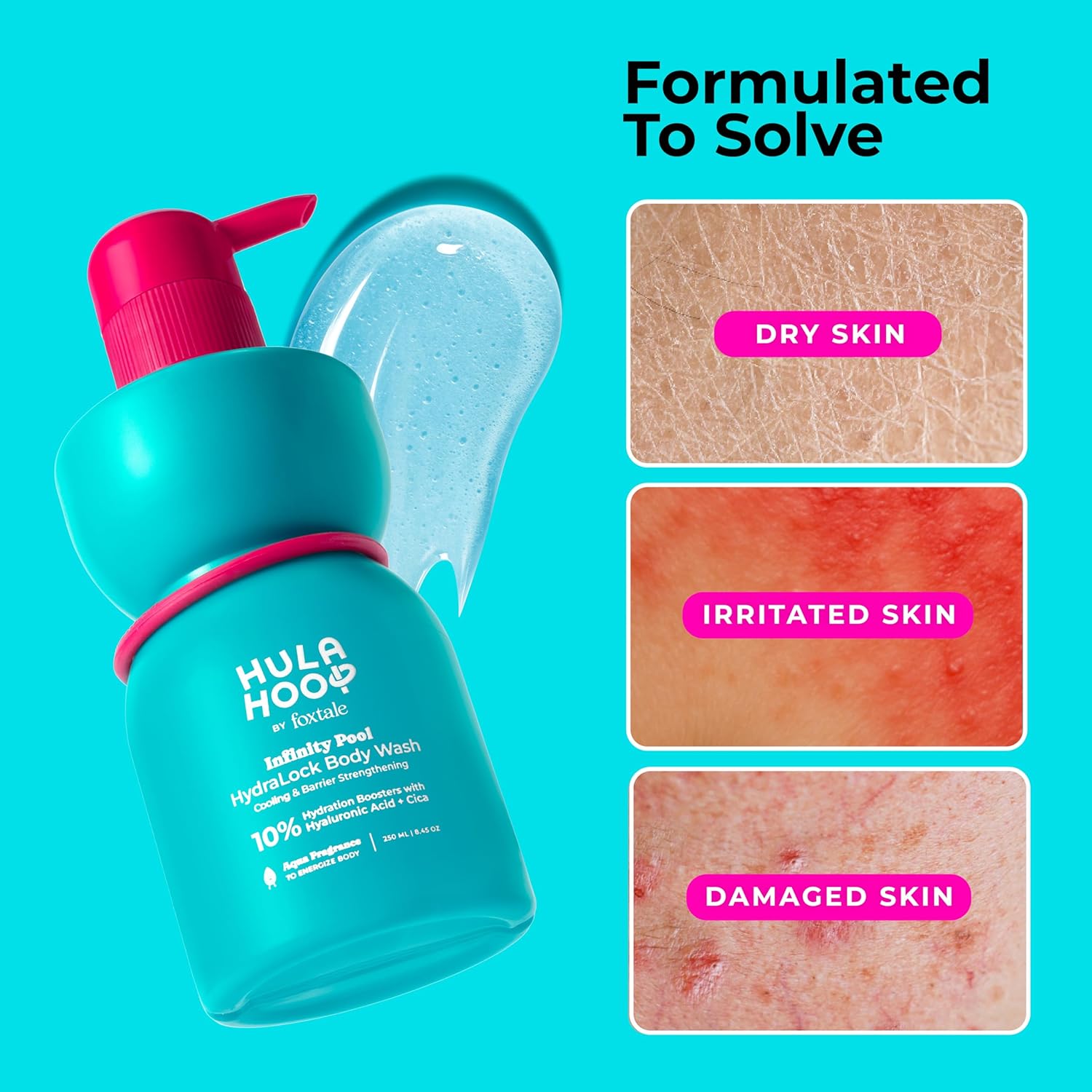Hula Hoop HydraLock Body Wash by Foxtale | 24Hrs Hydration | Hyaluronic Acid + Cica Extract + Menthol | Cleanses, Hydrates, & Repairs Skin | 6+ hours Odor Protection + Fresh Aqua Scent | 250ml FOXTALE