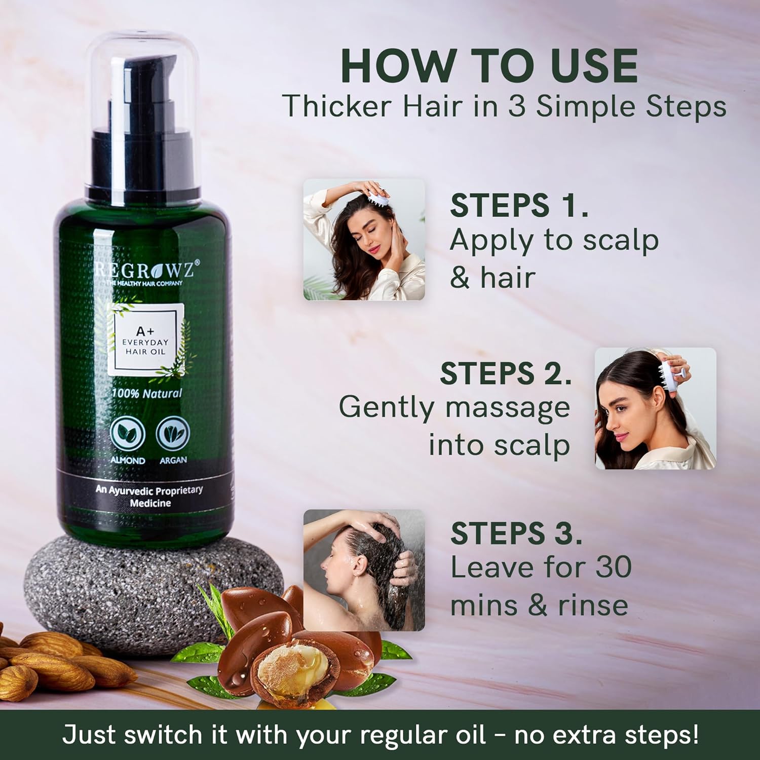 Regrowz A+ Everyday Hair Oil – Ayurvedic Daily Nourishment for Hair Fall Control, Scalp Health & Hair Texture Enhancement with Almond & Argan Oils plus 20+ Herbs – Sulfate & Paraben Free – 100 ml Beauty Bumble