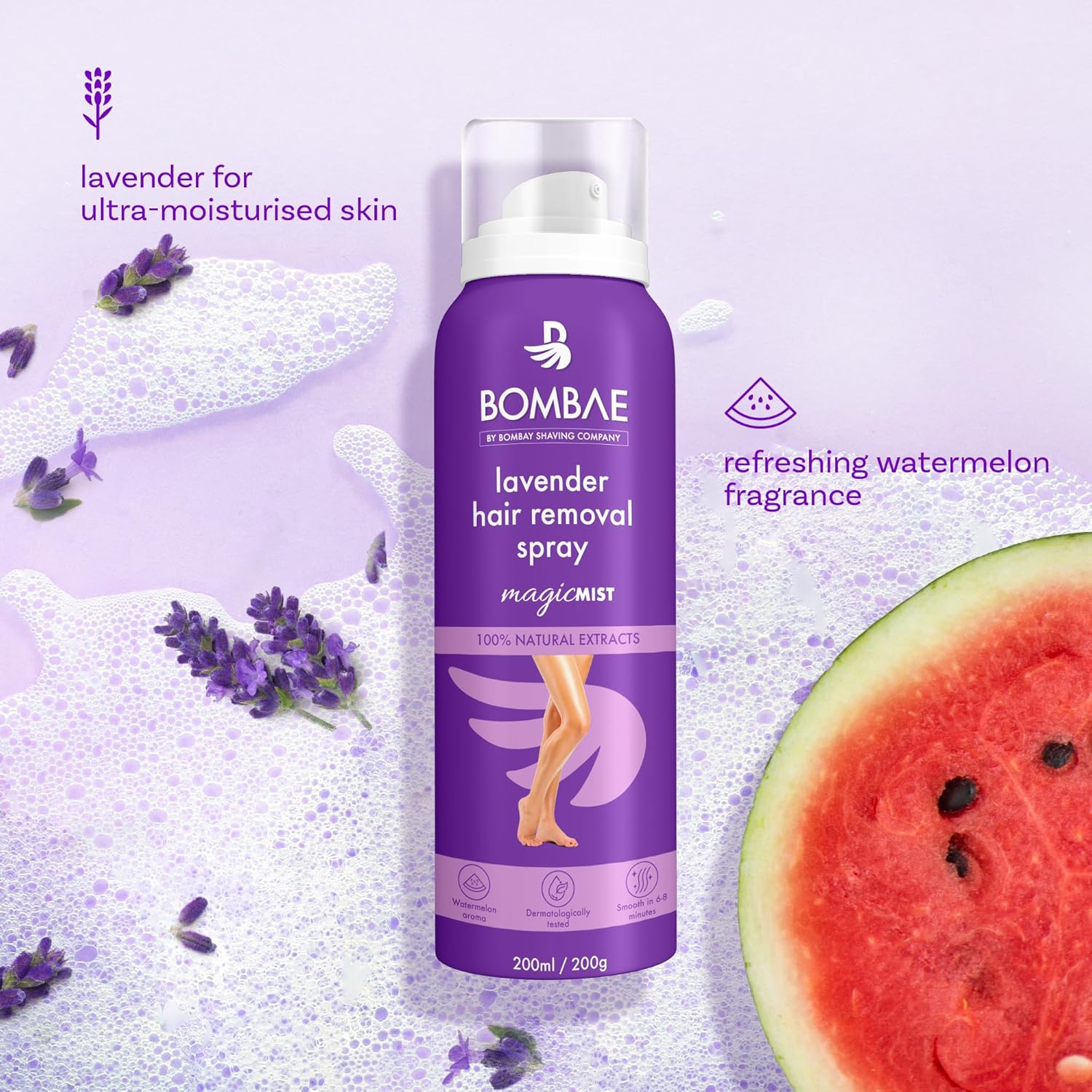Bombae Lavender Hair Removal Spray Cream For Women | Painless hair removal for arms, underarms, legs and bikini line| Suitable For Sensitive Skin | Dermatologically Tested| Sponge is for representation purposes only BOMBAE