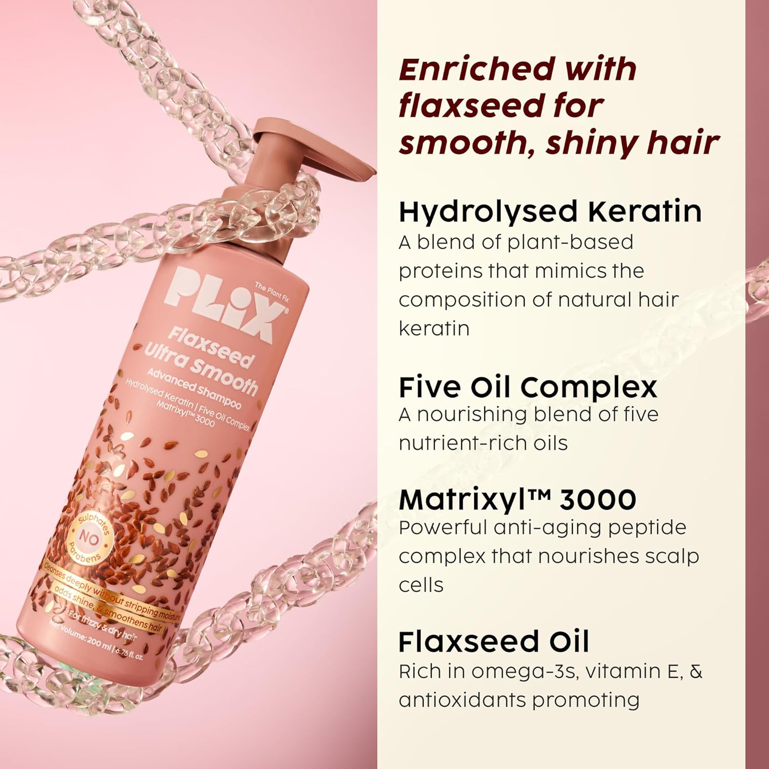 PLIX - THE PLANT FIX Flaxseed Ultrasmooth Advanced Shampoo | Plant Keratin PF & Flaxseed Oil | For Smooth & Shiny Hair | Paraben & Sulphate Free | For Men & Women | 200ml Beauty Bumble