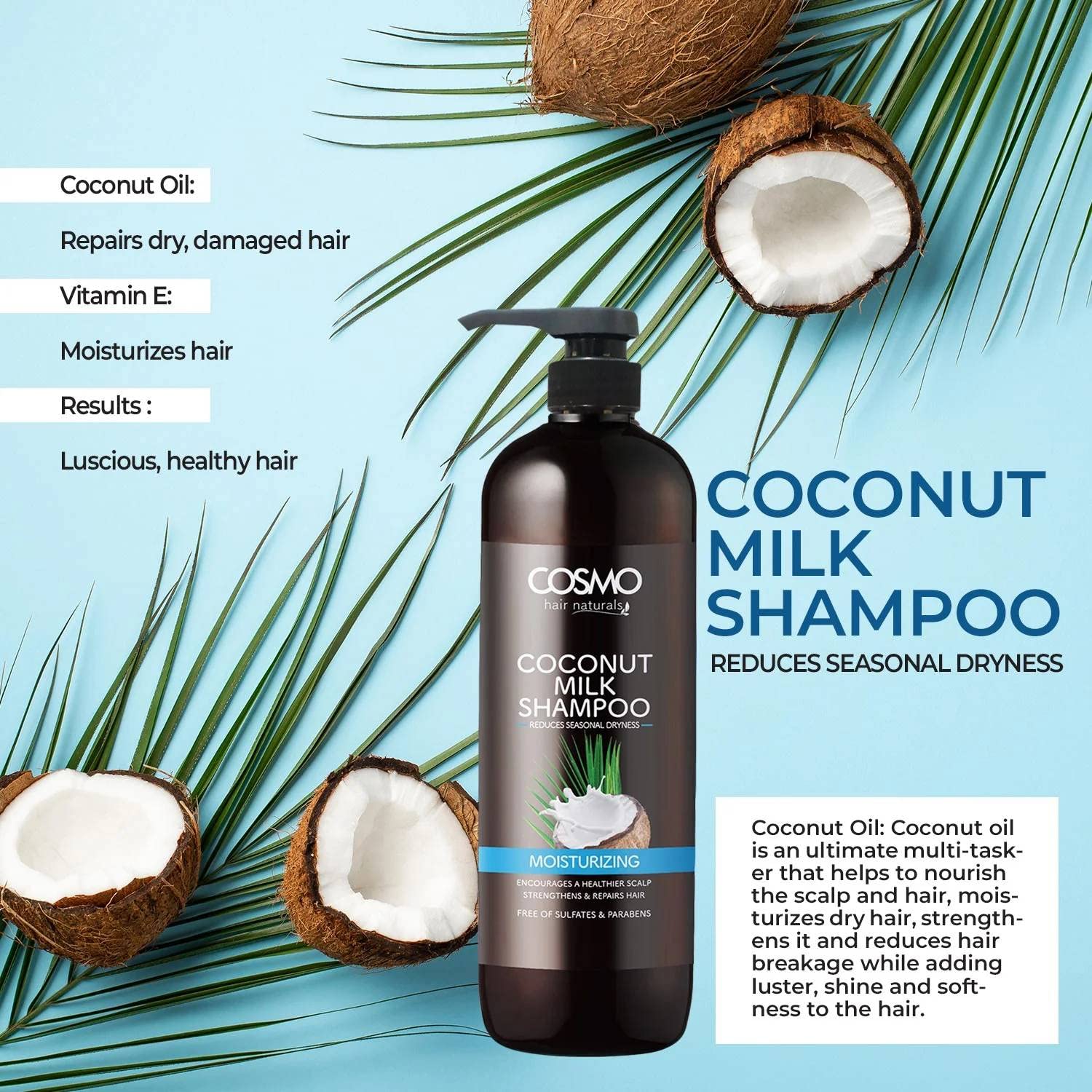 CD COSMO DESIGNS Hair Naturals Coconut Milk Shampoo 1000Ml | Reduces Seasonal Dryness | Strengthens & Repairs Hair | For Men And Women cosmo