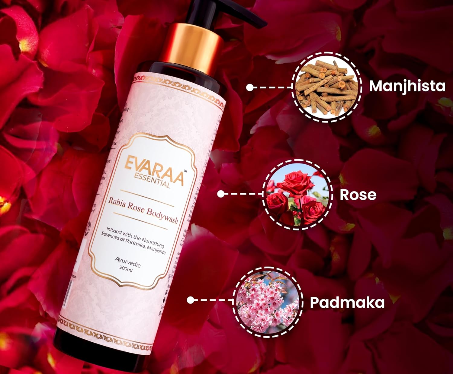 Evaraa Essential Rubia Rose Bodywash 200 ml - Dry, Sensitive Skin | Rose Shower Gel | Rubia Rose Skin Care evaraa