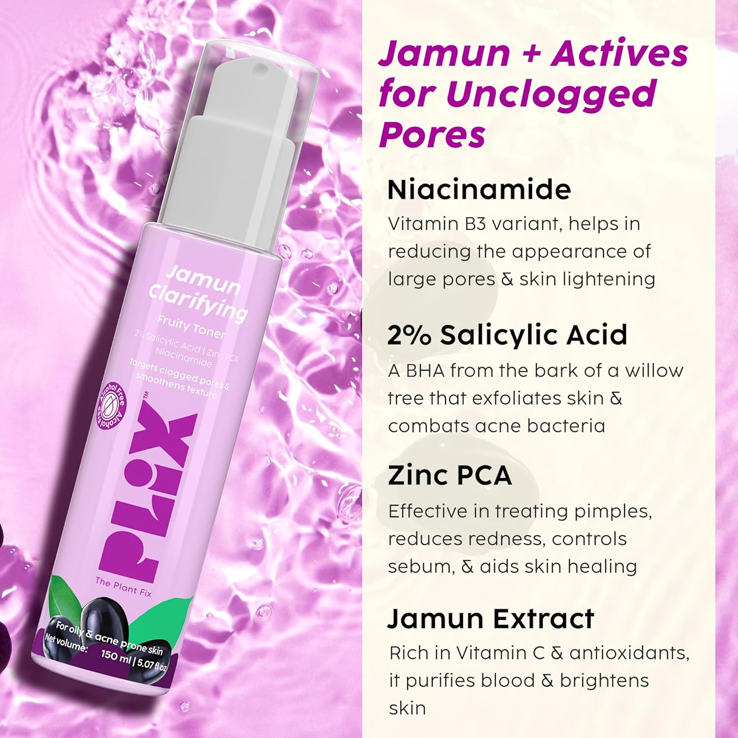 PLIX - THE PLANT FIX Jamun Clarifying Fruity Toner (150 Ml)|With Niacinamide & Jamun Extract|Targets Clogged Pores & Smoothens Skin|For Oily & Acne Prone Skin|Alcohol Free, For Women & Men PLIX