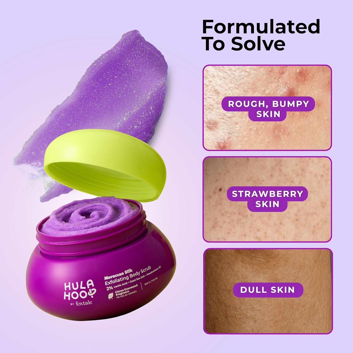 Hula Hoop Exfoliating Body Scrub by Foxtale | Smoothes Skin & Fades Tan | Dead Sea Salt + Perlite + Lactic Acid | Prevents Strawberry Skin | Hydrates & Nourishes Skin Barrier FOXTALE