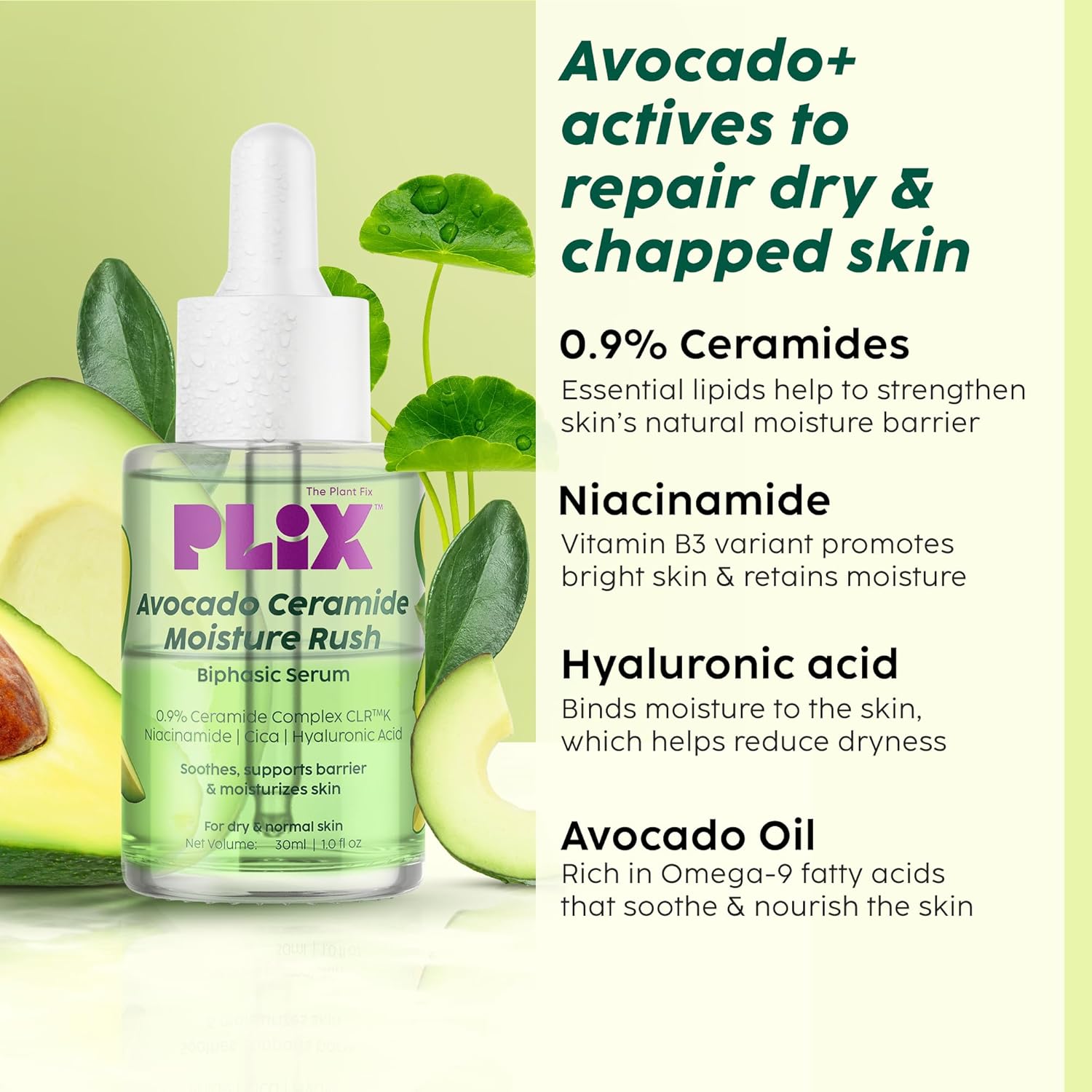 PLIX - THE PLANT FIX Avocado Ceramide Moisture Rush Biphasic Serum| For Deep Nourishment & Strengthened Skin Barrier| Nourishes and Hydrates Skin| For Dry Skin, Normal Skin & Sensitive Skin | 30ml Beauty Bumble
