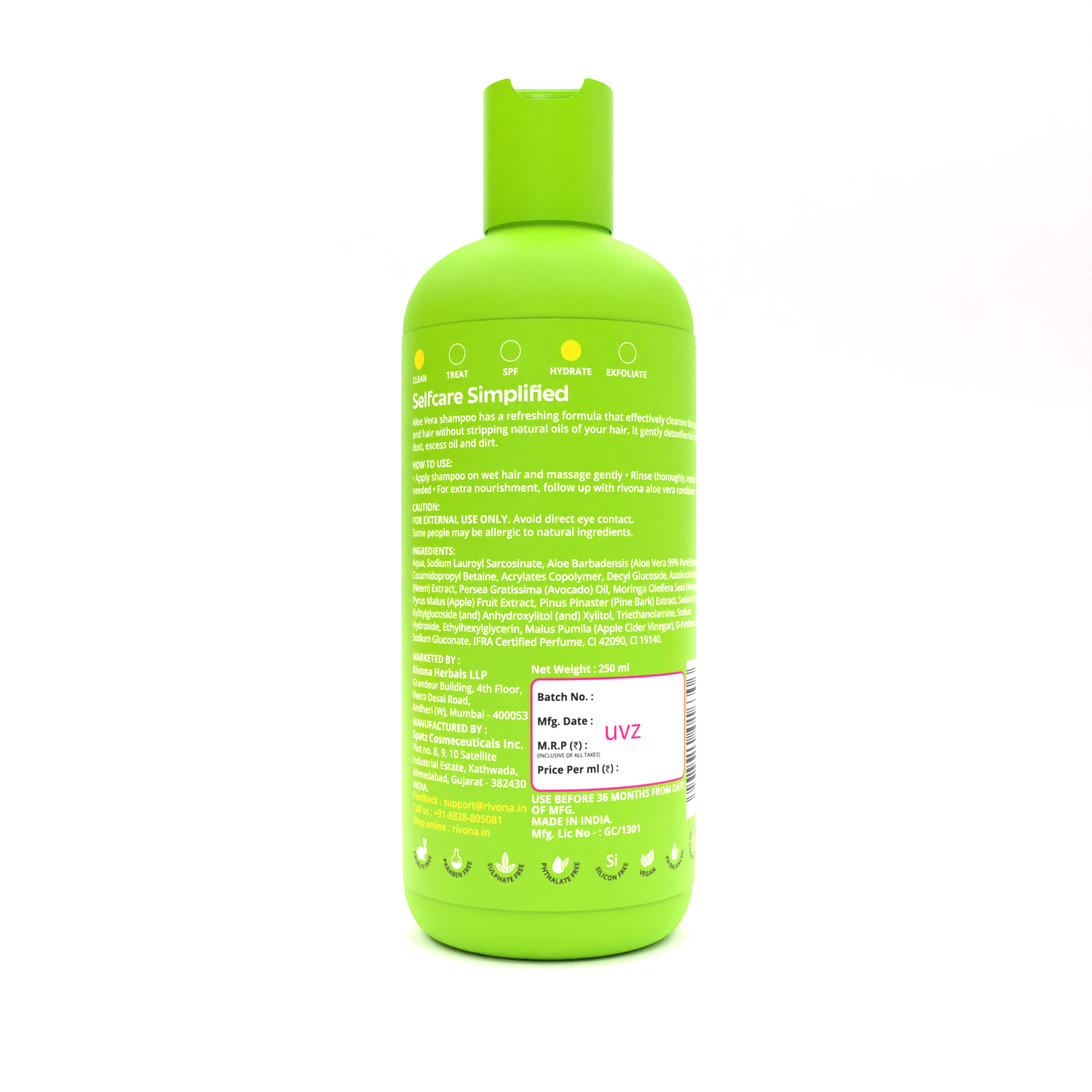 Rivona Aloe Vera Shampoo With Natural Neem Hydrated Frizz Free Hair 250ml