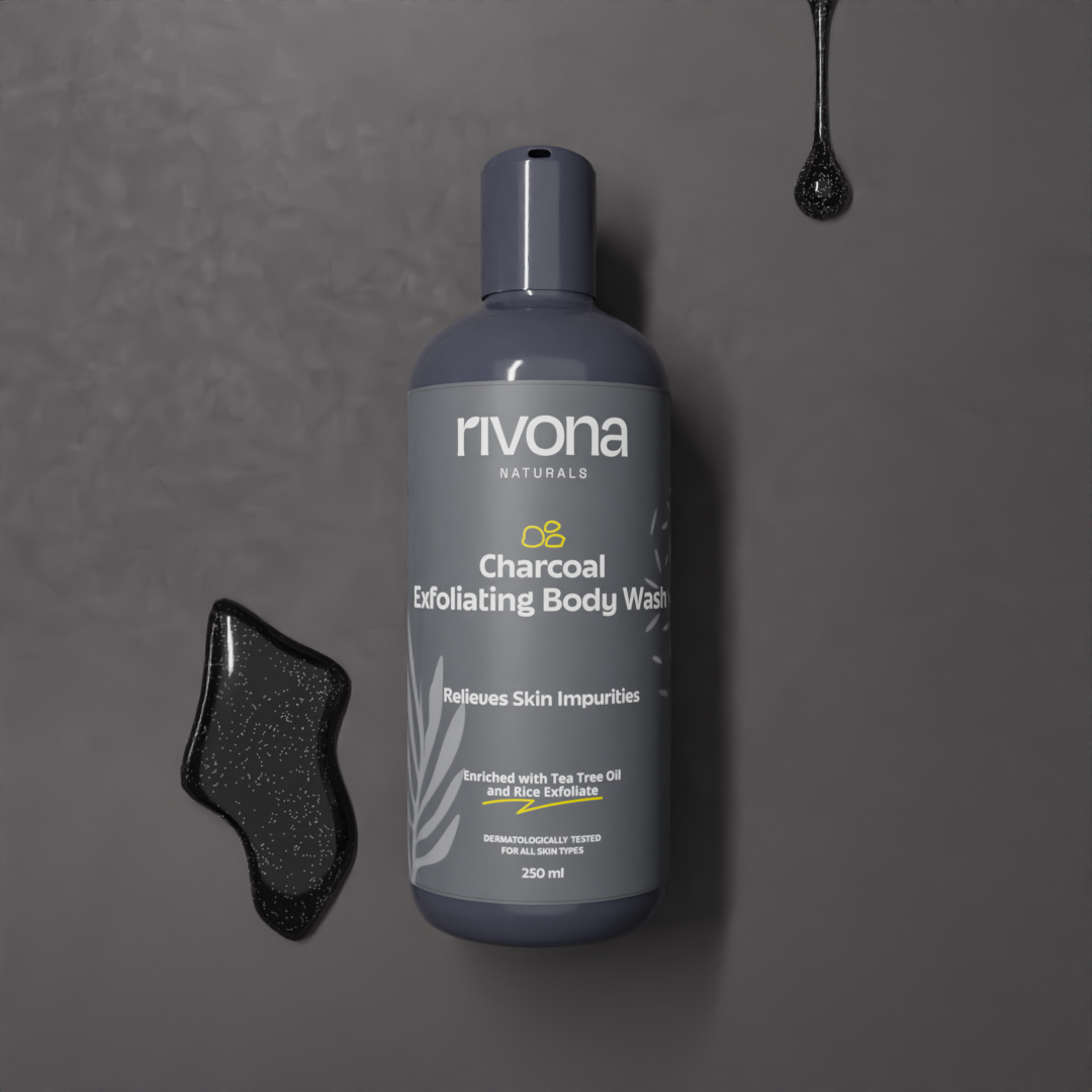Rivona Charcoal Body Wash with Rice Scrub and Tea tree for exfoliation 250ML