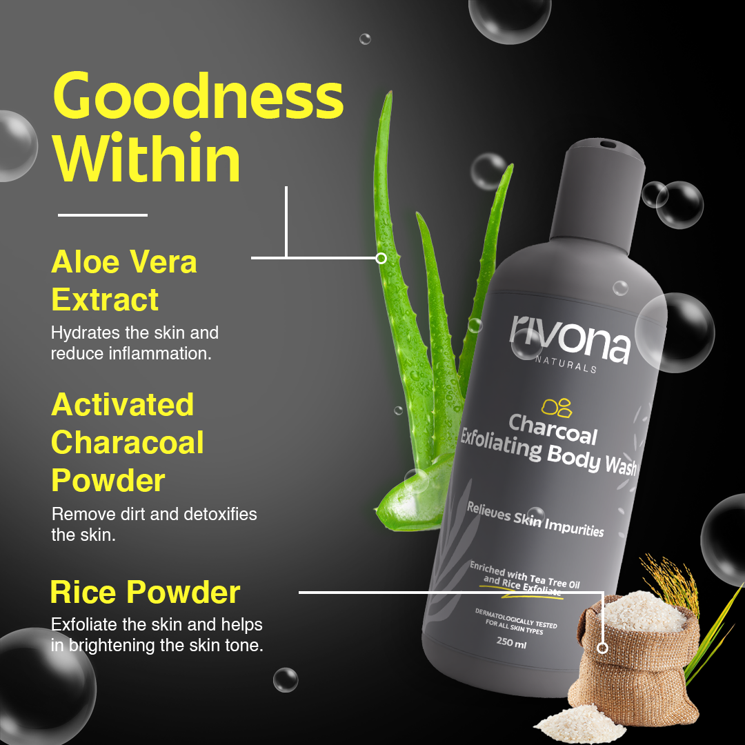 Rivona Charcoal Body Wash with Rice Scrub and Tea tree for exfoliation 250ML