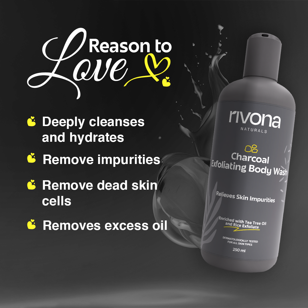 Rivona Charcoal Body Wash with Rice Scrub and Tea tree for exfoliation 250ML