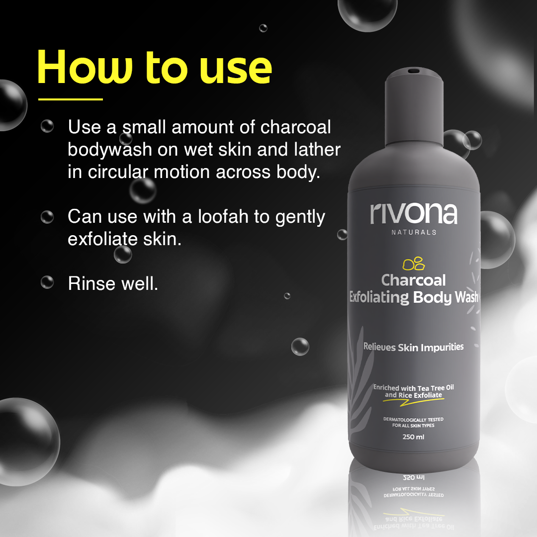Rivona Charcoal Body Wash with Rice Scrub and Tea tree for exfoliation 250ML
