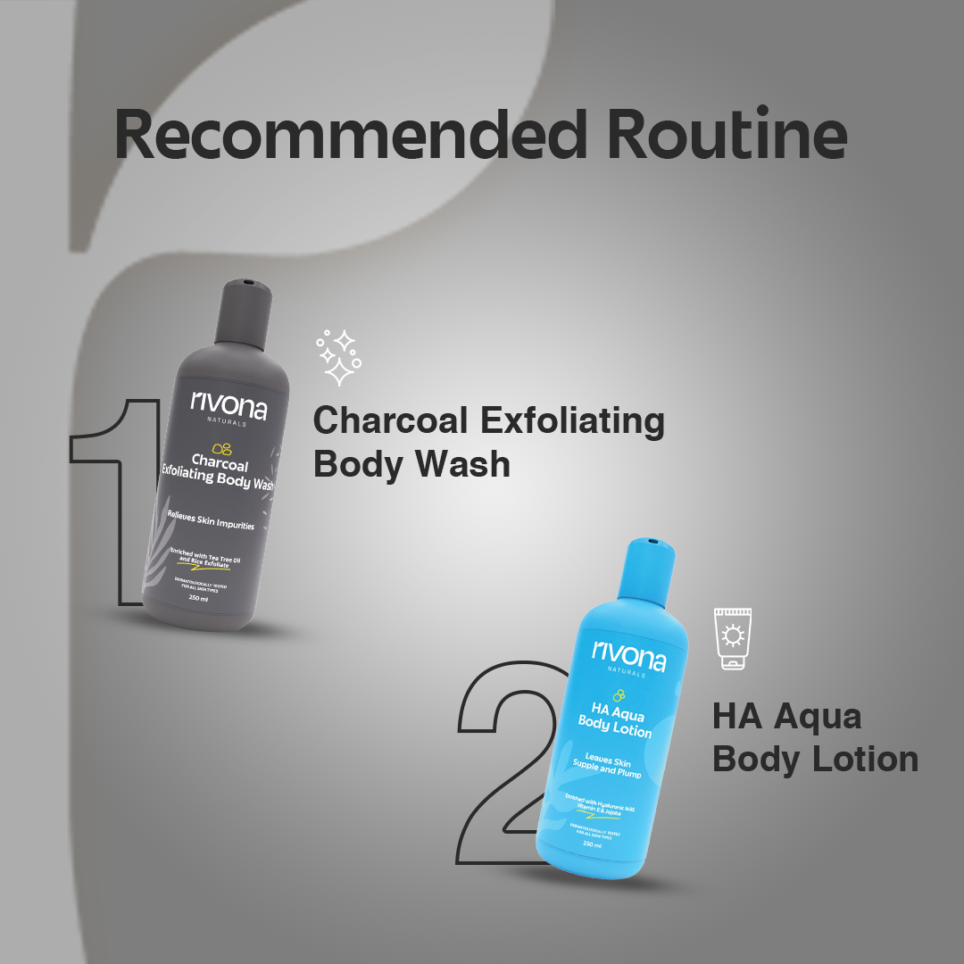 Rivona Charcoal Body Wash with Rice Scrub and Tea tree for exfoliation 250ML