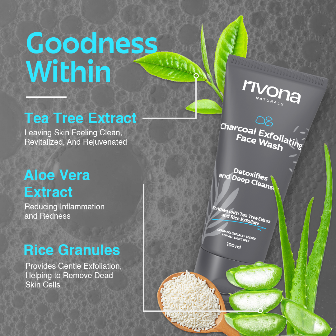Rivona Charcoal Face Wash with Rice Scrub for Deep Pore Cleansing 100gm