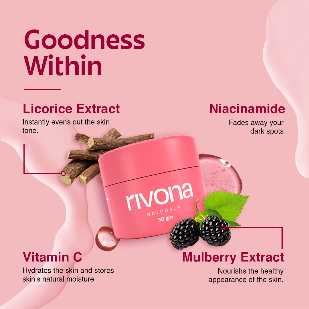 Rivona Pink Brightening Cream - 3in1 foundation finish with Alpha Arbutin for Depigmentation - 50gm