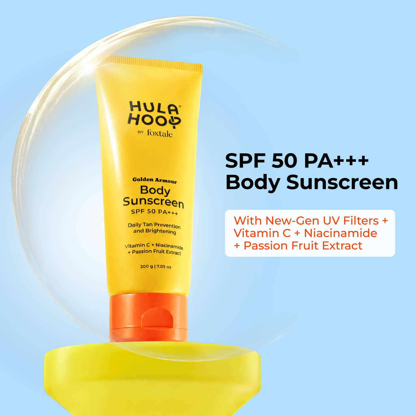 Hula Hoop Body Sunscreen SPF 50 PA+++ by Foxtale | Vitamin C + Niacinamide + Passion Fruit Extract | Daily Tan Prevention & Brightening | 200g FOXTALE