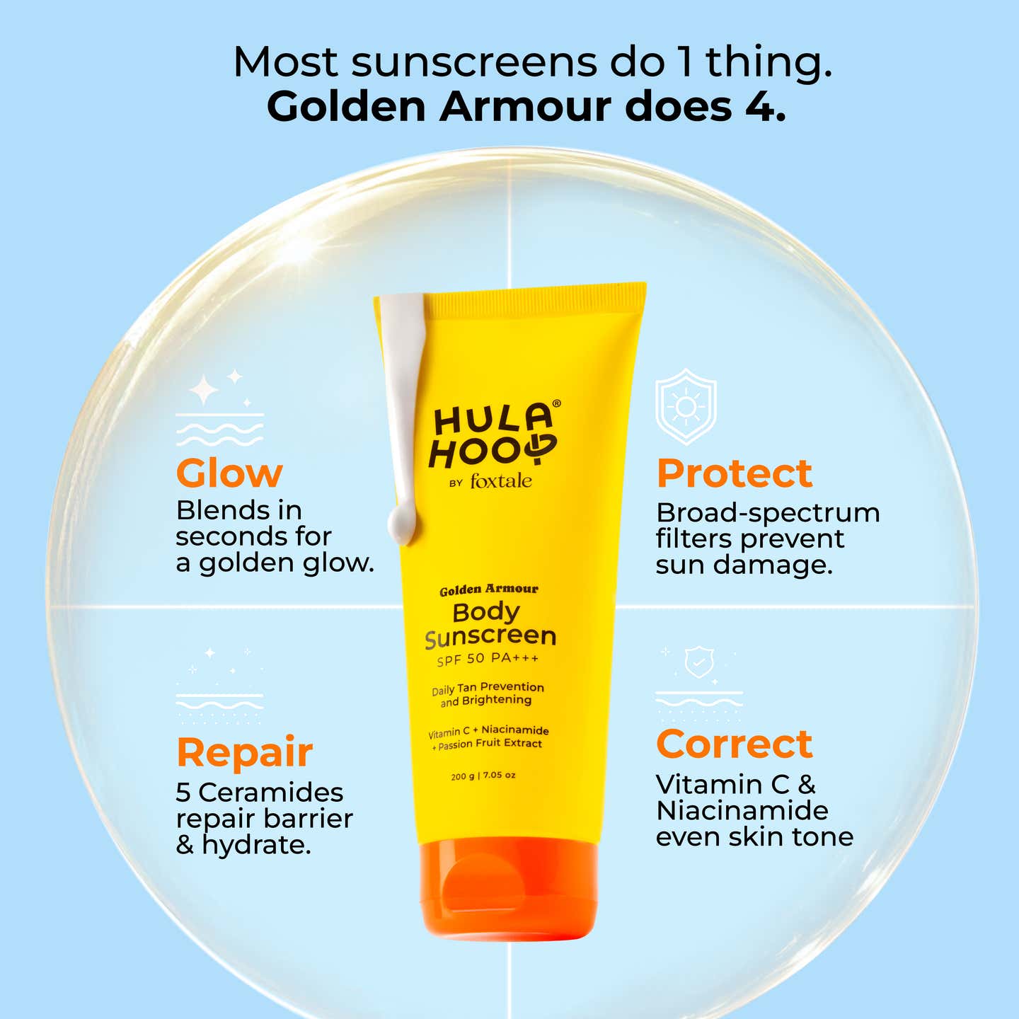 Hula Hoop Body Sunscreen SPF 50 PA+++ by Foxtale | Vitamin C + Niacinamide + Passion Fruit Extract | Daily Tan Prevention & Brightening | 200g FOXTALE