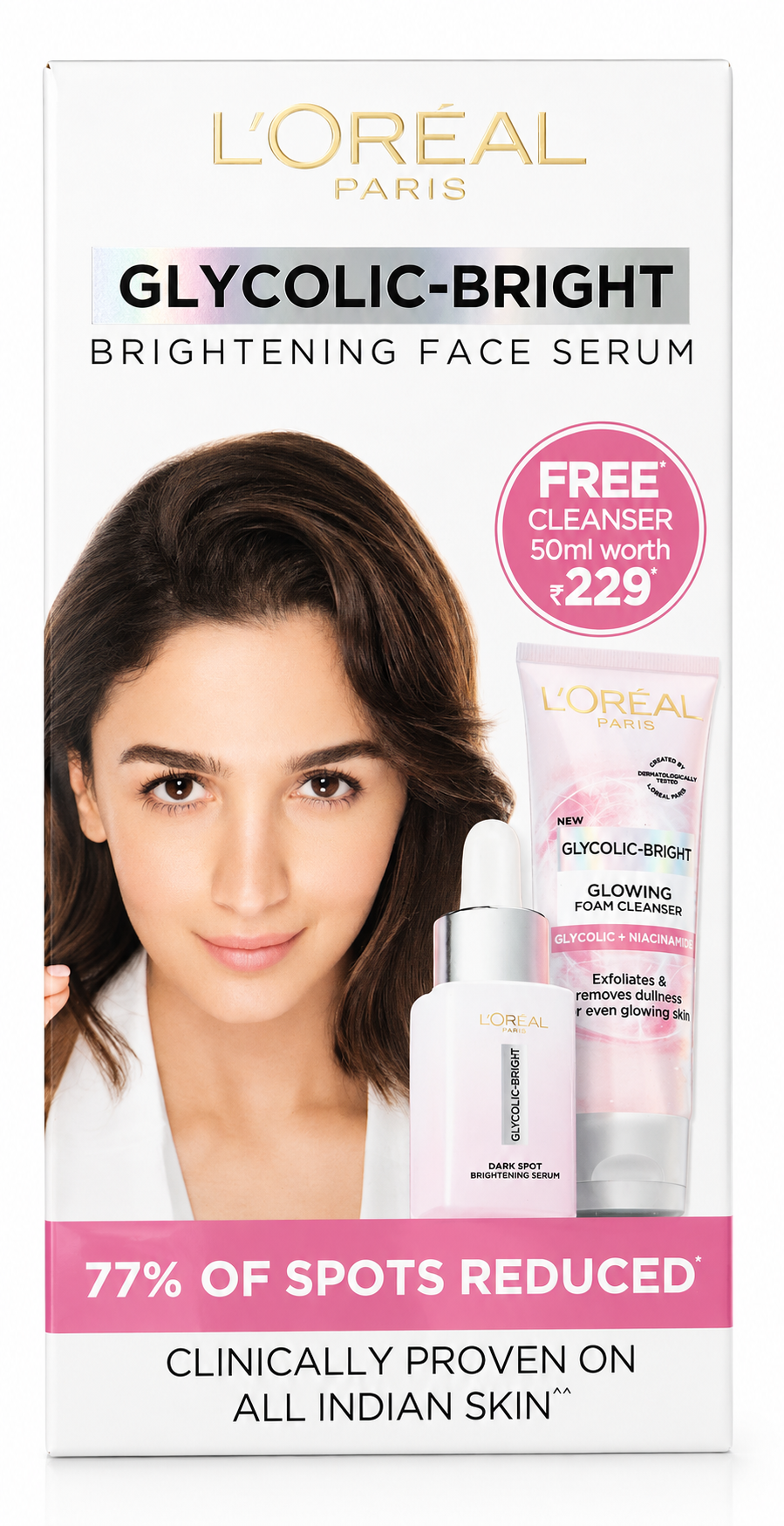 L'Oreal Paris Glycolic Bright Dark Spot Brightning Serum 15ml with Glowing Foam Cleanser 50ml (Free) L'OREAL