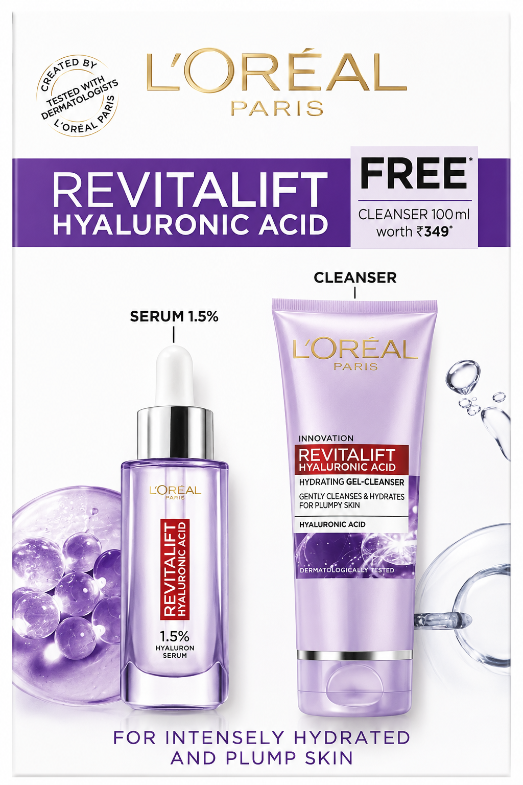 L'Oreal Paris Revitalift Hyaluronic Acid 1.5 Hyaluron serum, 30 ml with Hydrating gel Cleanser(Free), 100 ml L'OREAL
