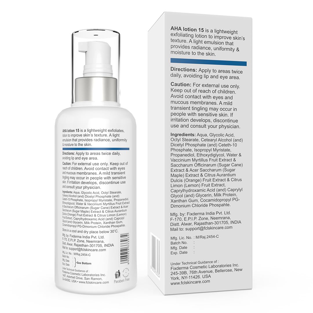FIXDERMA COSMETIC LABORATORIES 15% Glycolic Acid Aha Lotion For Body And Face | Dead Skin Remover | Paraben Free Aha Exfoliating Lotion For Dry, Itchy And Rough Skin - 100Ml Fixderma