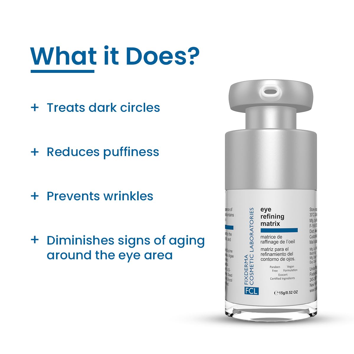 FIXDERMA COSMETIC LABORATORIES Fcl Eye Refining Matrix Under Eye Cream For Dark Circles, Puffiness & Fine Lines With Vitamin C & Hyaluronic Acid|Eye Serum For Dark Circles|Women & Men Skin Care-15G Fixderma