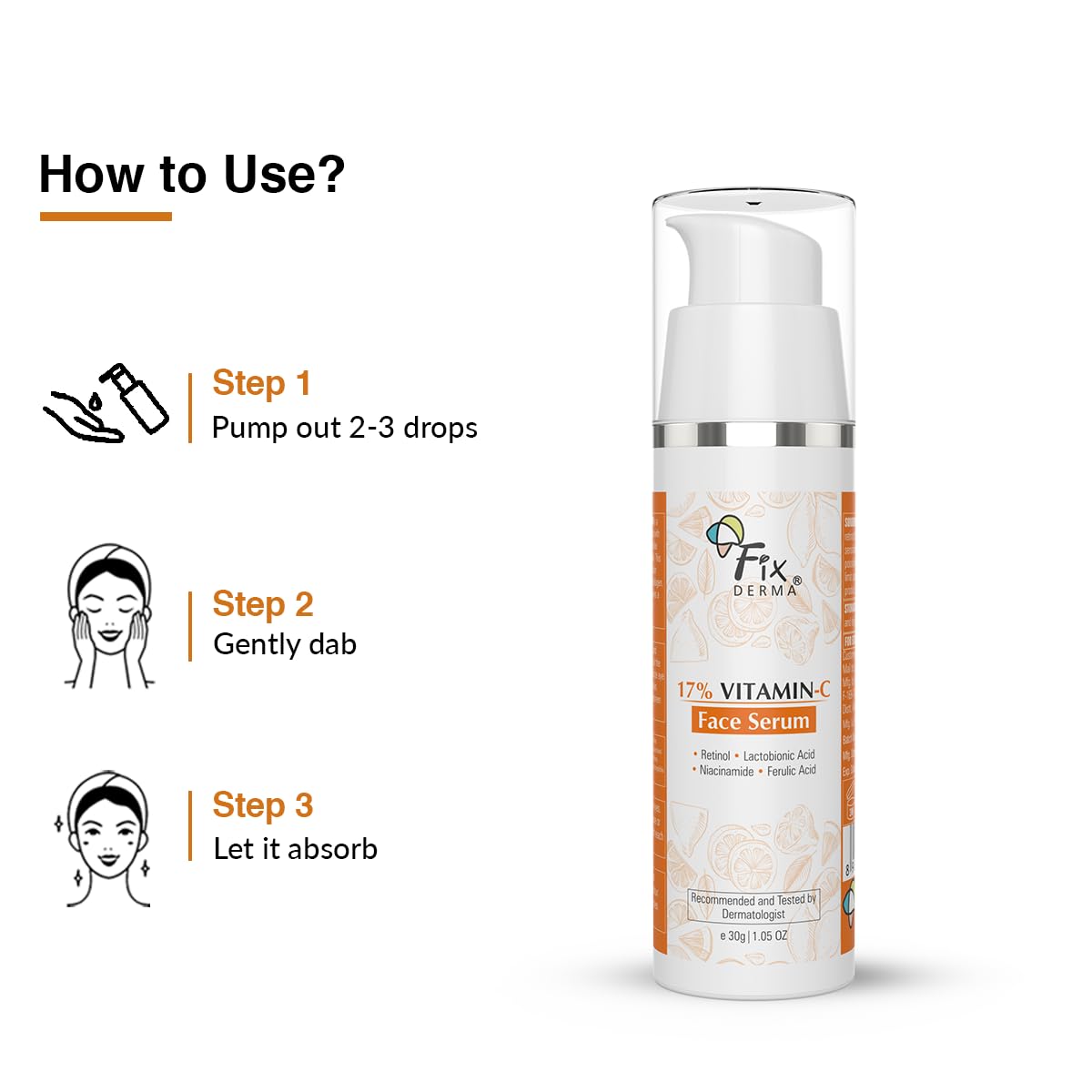 Fixderma 17% Vitamin C Face Serum for Glowing Skin | Retinol Face Serum | Skin Brightening Vit C Serum for Women and Men | Anti Aging Night Face Serum | Niacinamide Serum - 30g Fixderma