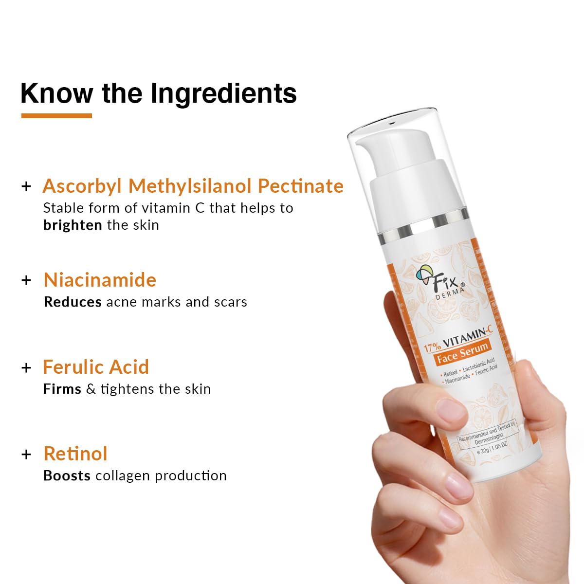 Fixderma 17% Vitamin C Face Serum for Glowing Skin | Retinol Face Serum | Skin Brightening Vit C Serum for Women and Men | Anti Aging Night Face Serum | Niacinamide Serum - 30g Fixderma