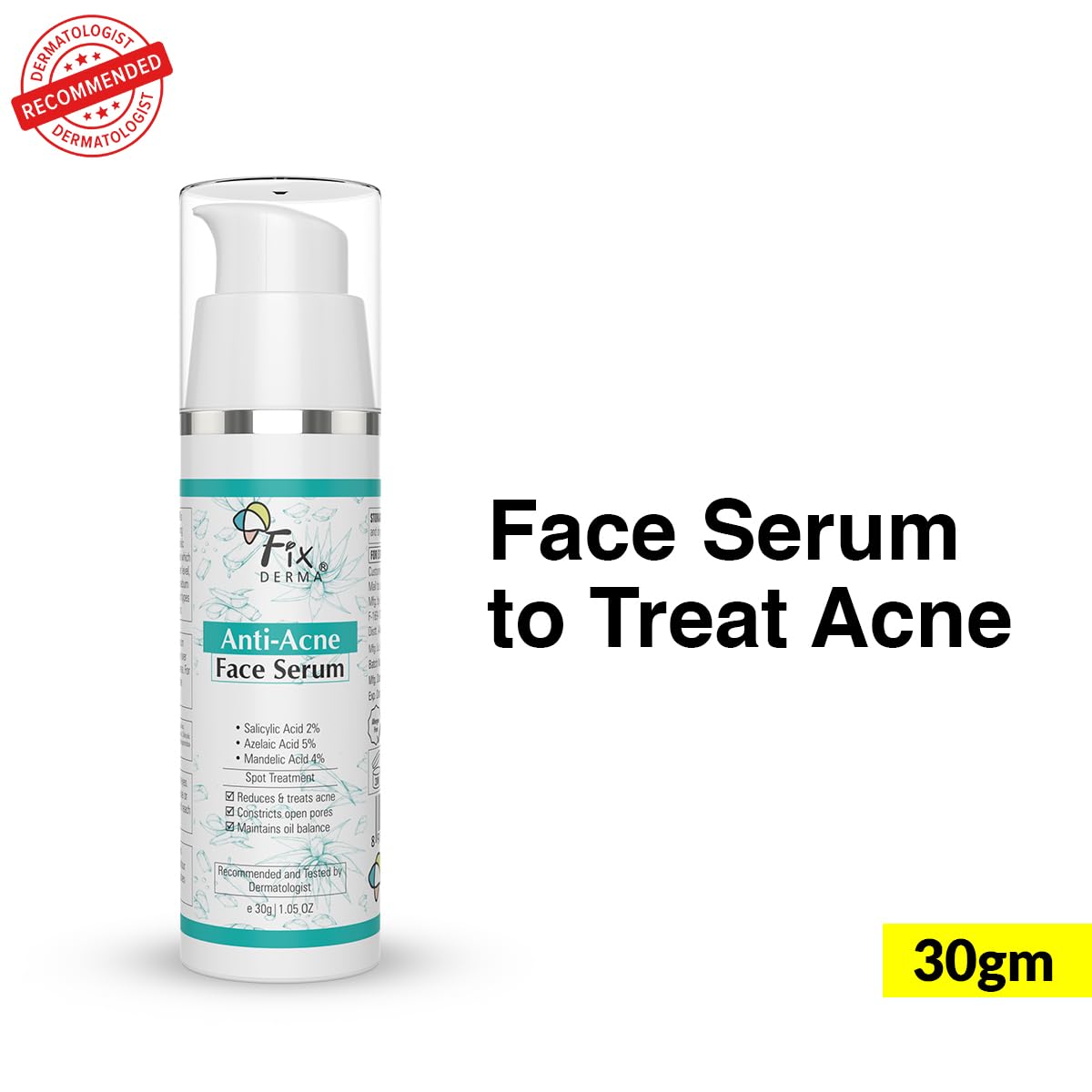 Fixderma 2% Salicylic Acid Serum for Anti Acne & Spot Treatment with 5% Azelaic Acid & 4% Mandelic Acid | Anti Acne Face Serum | Face Serum for Men & Women | Face Serum for Oily Skin - 30g Fixderma