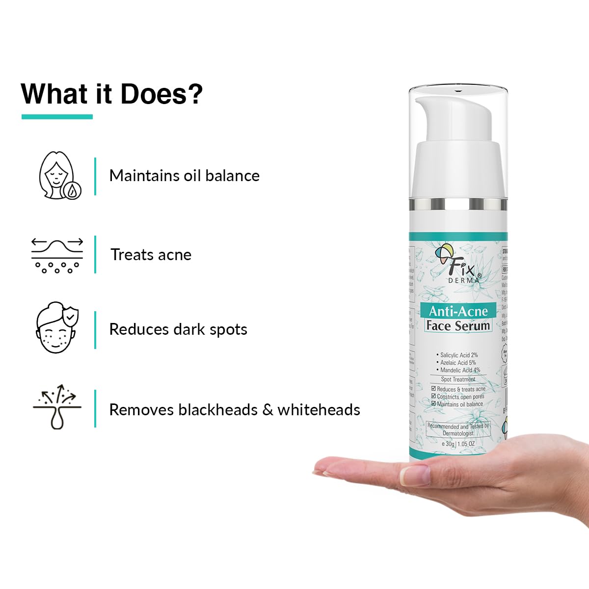 Fixderma 2% Salicylic Acid Serum for Anti Acne & Spot Treatment with 5% Azelaic Acid & 4% Mandelic Acid | Anti Acne Face Serum | Face Serum for Men & Women | Face Serum for Oily Skin - 30g Fixderma