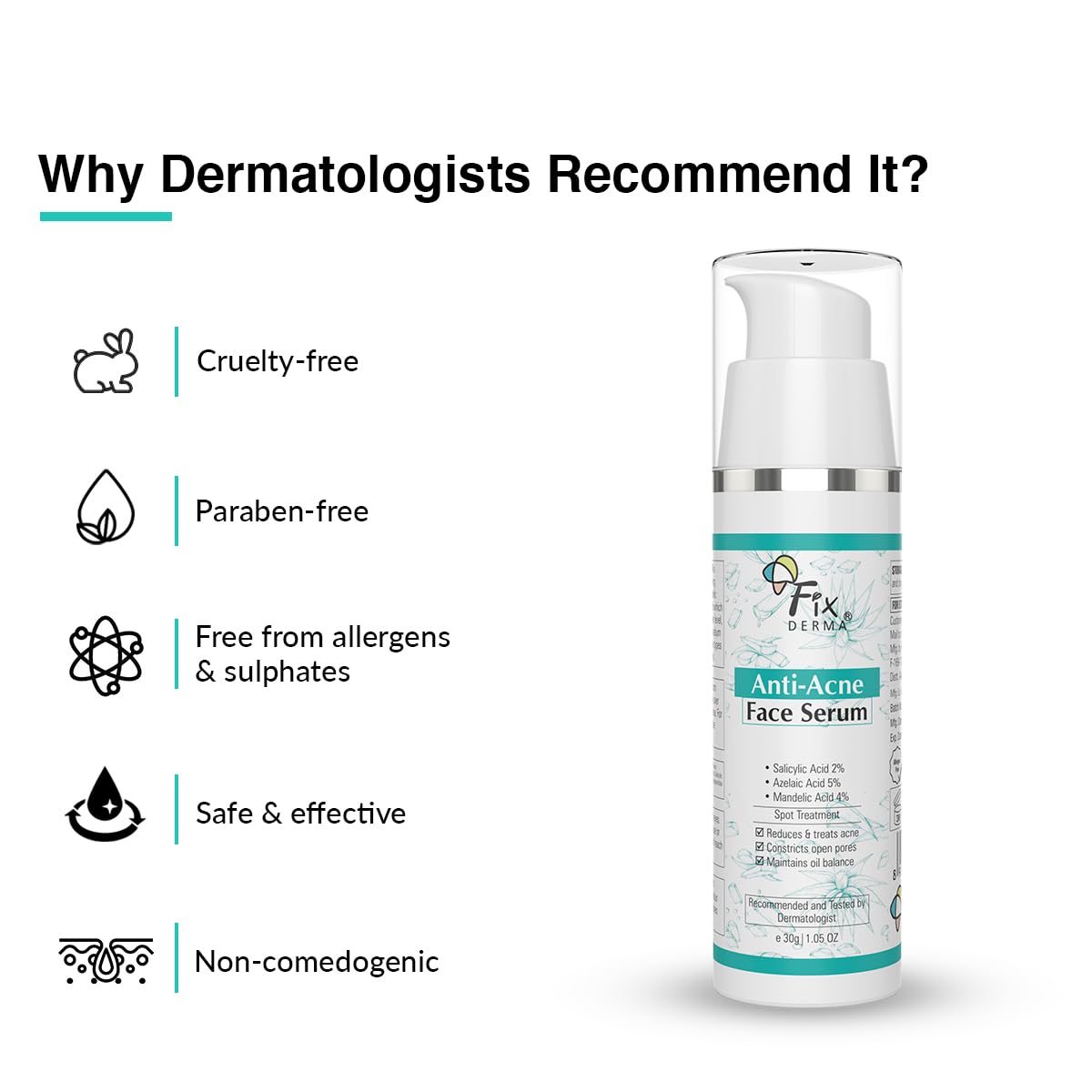 Fixderma 2% Salicylic Acid Serum for Anti Acne & Spot Treatment with 5% Azelaic Acid & 4% Mandelic Acid | Anti Acne Face Serum | Face Serum for Men & Women | Face Serum for Oily Skin - 30g Fixderma