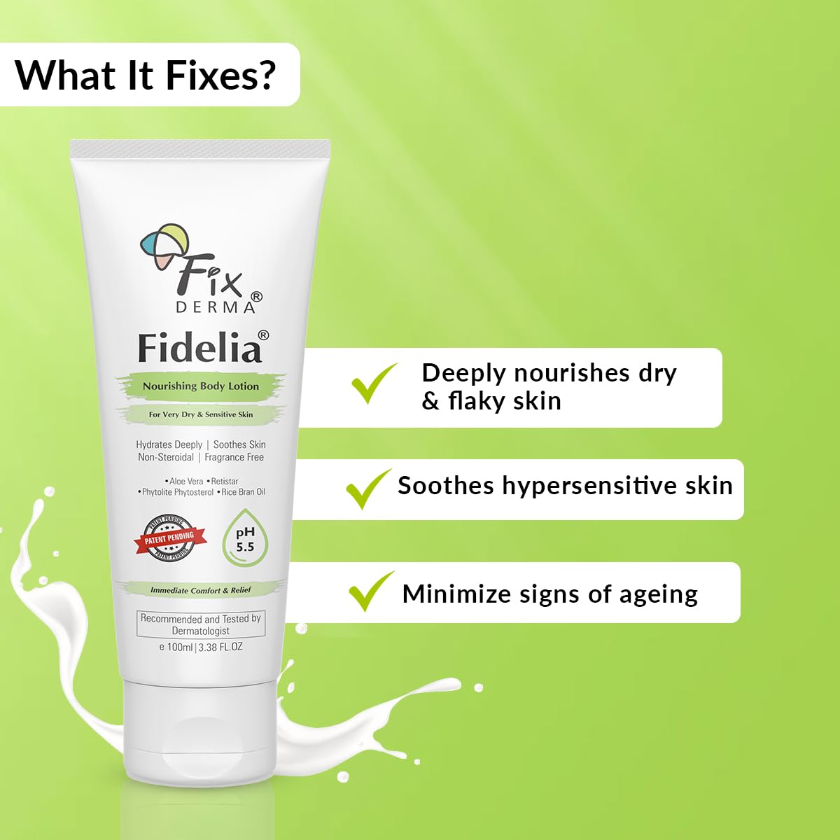 Fixderma Fidelia Nourishing Body Lotion | Moisturizer for face & Body | Body lotion for Women & Men | Body Lotion for Sensitive & Very dry skin with Rice Brain Oil & Aloe vera - 100Ml Fixderma