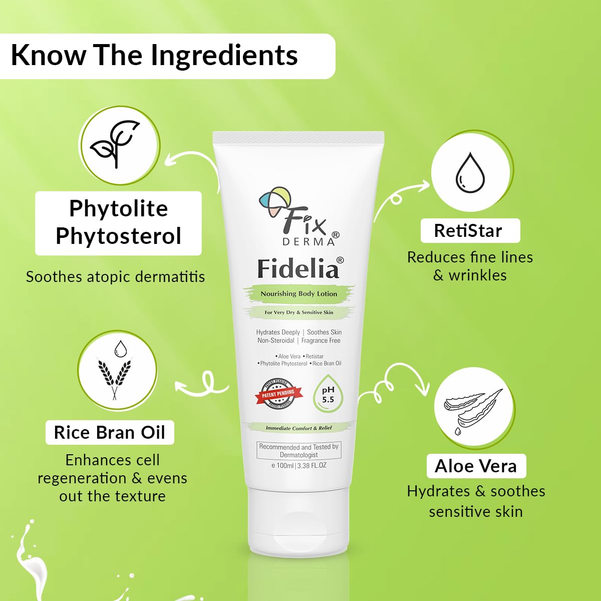 Fixderma Fidelia Nourishing Body Lotion | Moisturizer for face & Body | Body lotion for Women & Men | Body Lotion for Sensitive & Very dry skin with Rice Brain Oil & Aloe vera - 100Ml Fixderma