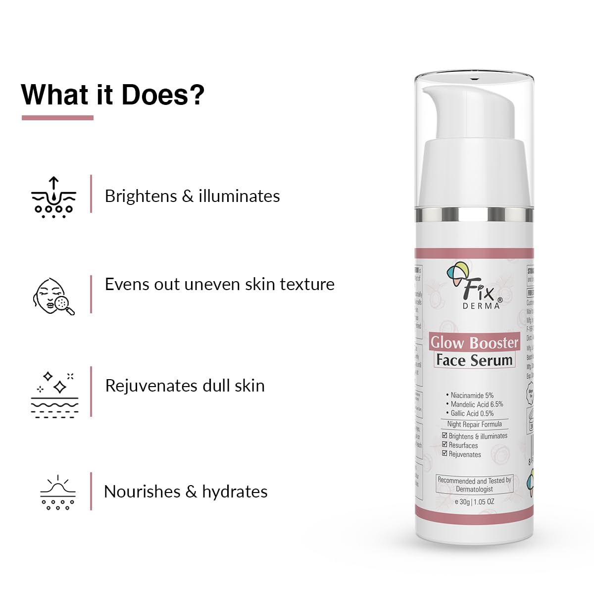 Fixderma 5% Niacinamide Serum Glow Booster Face serum with 6.5% Mandelic Acid & 0.5% Gallic Acid | Skin Brightening Serum | Face Serum for Men & Women - 30g Fixderma
