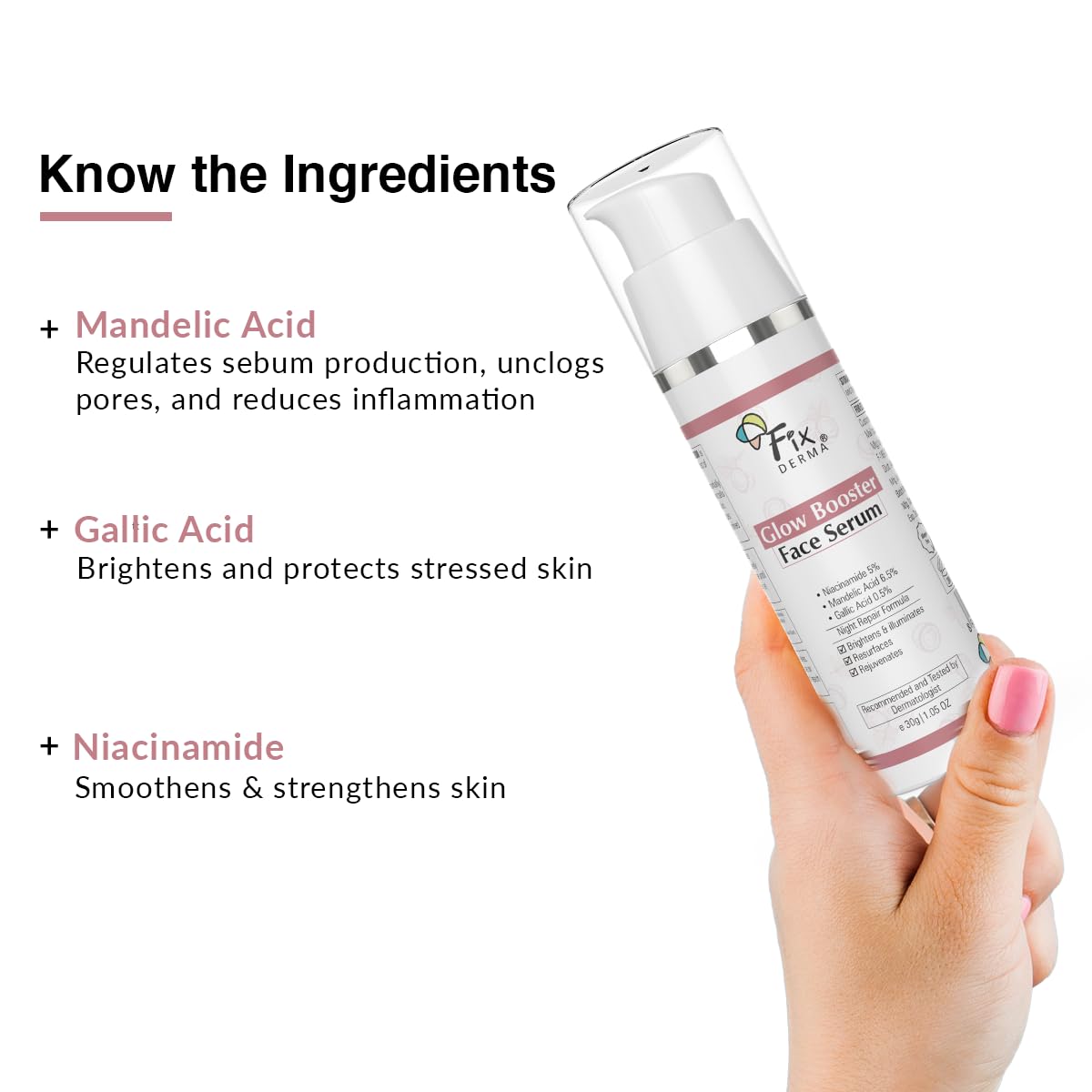 Fixderma 5% Niacinamide Serum Glow Booster Face serum with 6.5% Mandelic Acid & 0.5% Gallic Acid | Skin Brightening Serum | Face Serum for Men & Women - 30g Fixderma