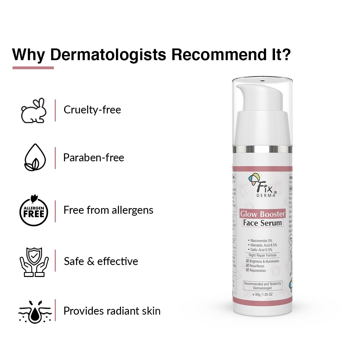 Fixderma 5% Niacinamide Serum Glow Booster Face serum with 6.5% Mandelic Acid & 0.5% Gallic Acid | Skin Brightening Serum | Face Serum for Men & Women - 30g Fixderma