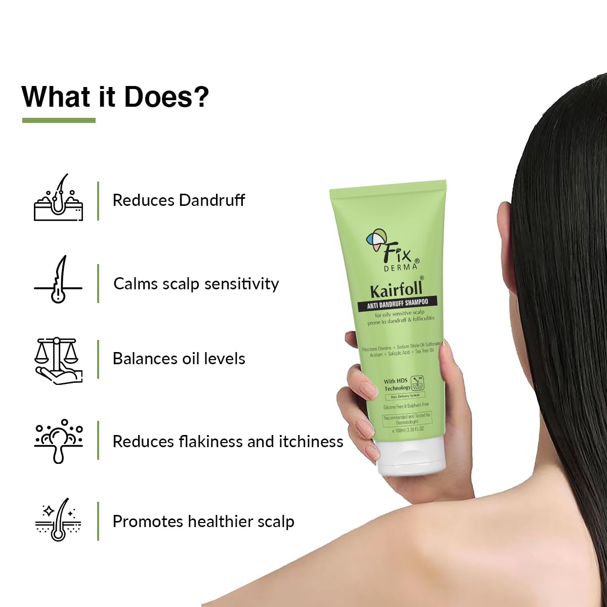 Fixderma Kairfoll Anti Dandruff Shampoo for Oily Sensitive Scalp Prone to Dandruff & Folliculitis | Anti Dandruff Shampoo for Women & Men | Salicylic Acid for Hair Fall | Sulphate Free Shampoo - 100ml Fixderma