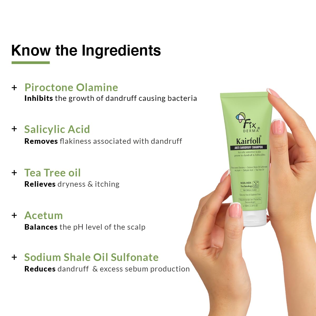 Fixderma Kairfoll Anti Dandruff Shampoo for Oily Sensitive Scalp Prone to Dandruff & Folliculitis | Anti Dandruff Shampoo for Women & Men | Salicylic Acid for Hair Fall | Sulphate Free Shampoo - 100ml Fixderma