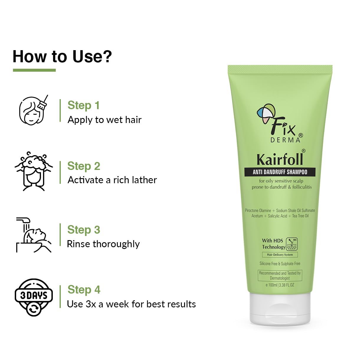 Fixderma Kairfoll Anti Dandruff Shampoo for Oily Sensitive Scalp Prone to Dandruff & Folliculitis | Anti Dandruff Shampoo for Women & Men | Salicylic Acid for Hair Fall | Sulphate Free Shampoo - 100ml Fixderma