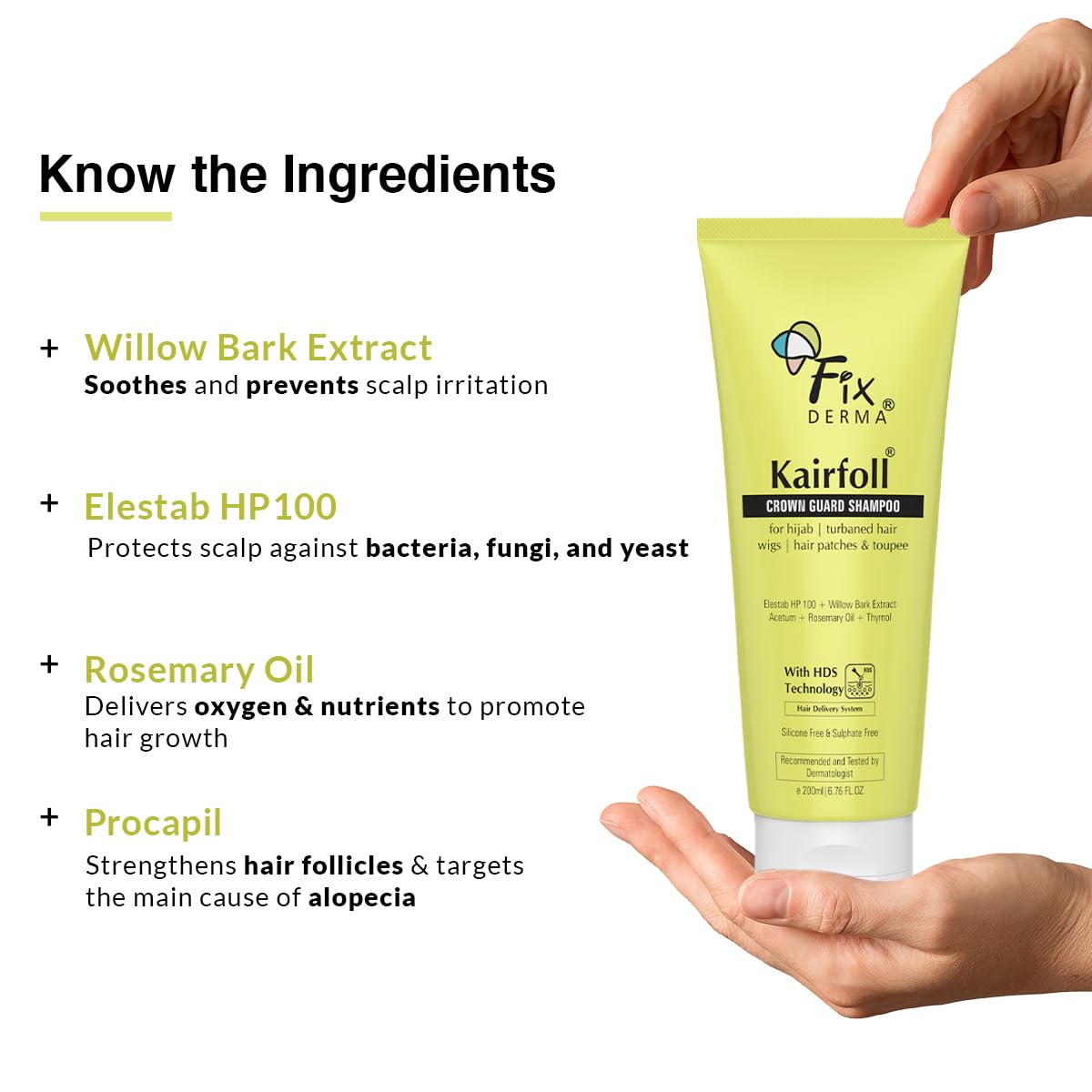 FIXDERMA Kairfoll Rosemary Oil Shampoo For Hair Growth|Crown Guard Shampoo For Hijab,Turbaned Hair&Wigs|Hair Patches&Toupee|Shampoo For Women&Men|Sulphate And Paraben Free Shampoo - 200 Ml Fixderma