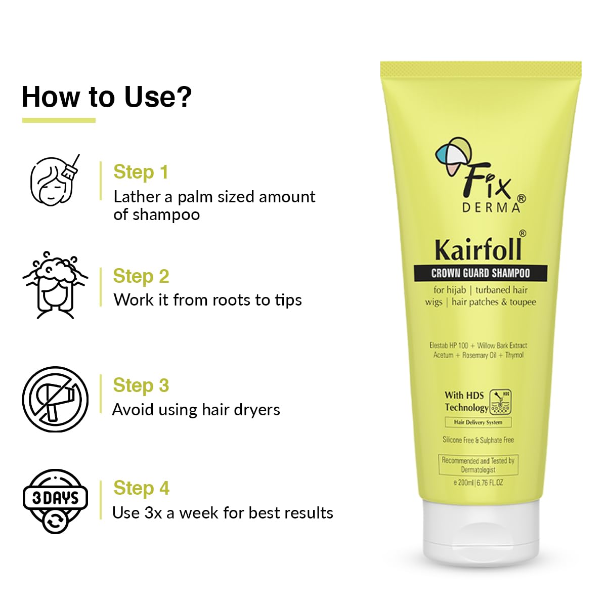 FIXDERMA Kairfoll Rosemary Oil Shampoo For Hair Growth|Crown Guard Shampoo For Hijab,Turbaned Hair&Wigs|Hair Patches&Toupee|Shampoo For Women&Men|Sulphate And Paraben Free Shampoo - 200 Ml Fixderma