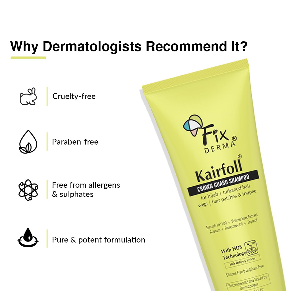 FIXDERMA Kairfoll Rosemary Oil Shampoo For Hair Growth|Crown Guard Shampoo For Hijab,Turbaned Hair&Wigs|Hair Patches&Toupee|Shampoo For Women&Men|Sulphate And Paraben Free Shampoo - 200 Ml Fixderma