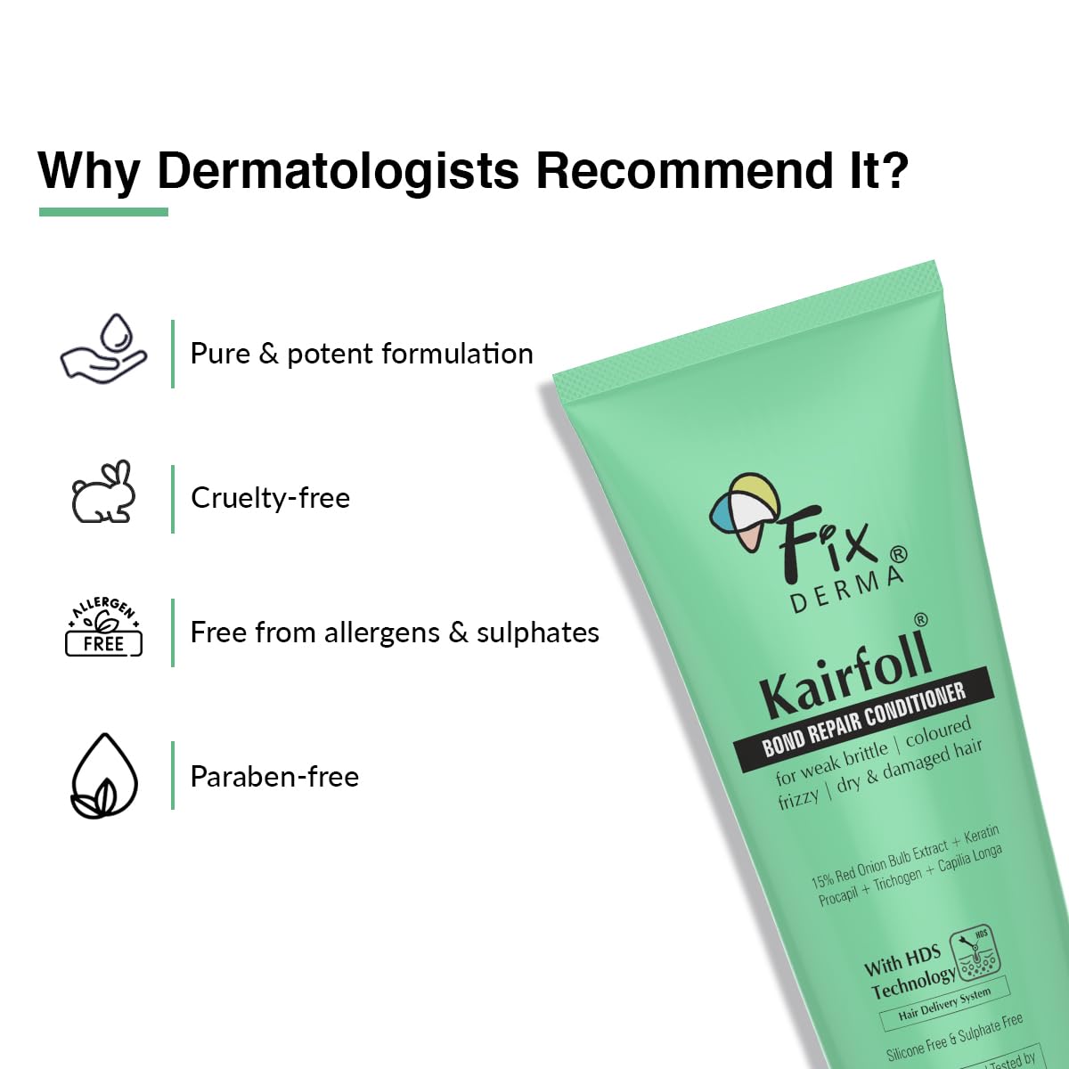 FIXDERMA Kairfoll 15% Red Onion Conditioner With Castor Oil For Hair Growth, Bond Repair Conditioner For Coloured Hair, Conditioner For Women, Conditioners For Dry & Frizzy Hair - 200 Millilitre Fixderma