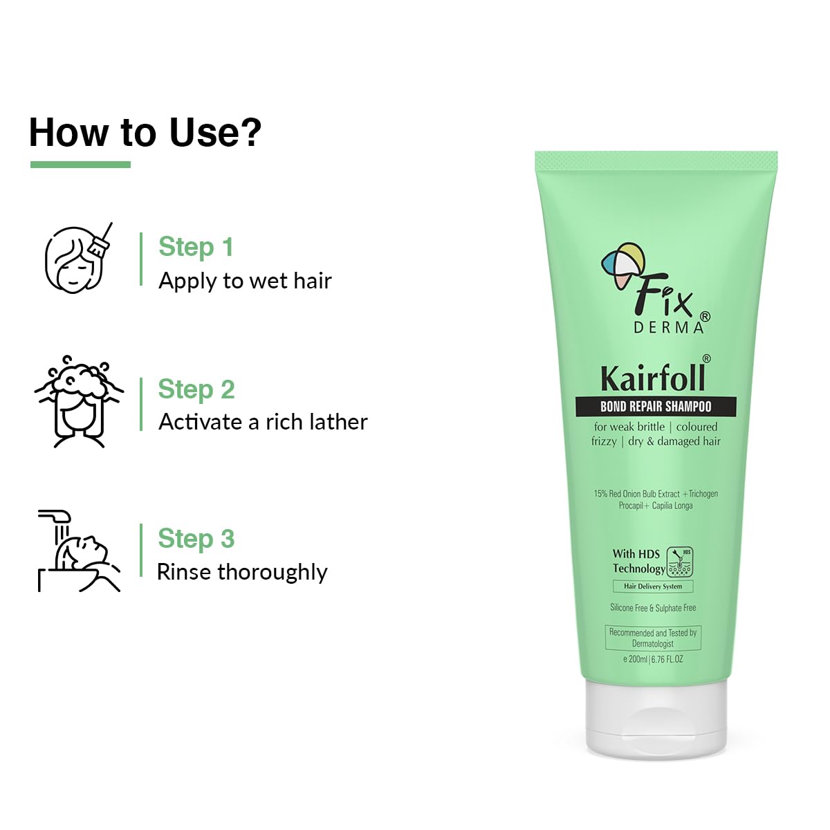 Fixderma Kairfoll 15% Red Onion Shampoo with Castor Oil for Hair Growth | Bond Repair Shampoo | Shampoo for Women | Shampoo for Dry and Frizzy Hair | Sulphate and Paraben free Shampoo - 200ml Fixderma