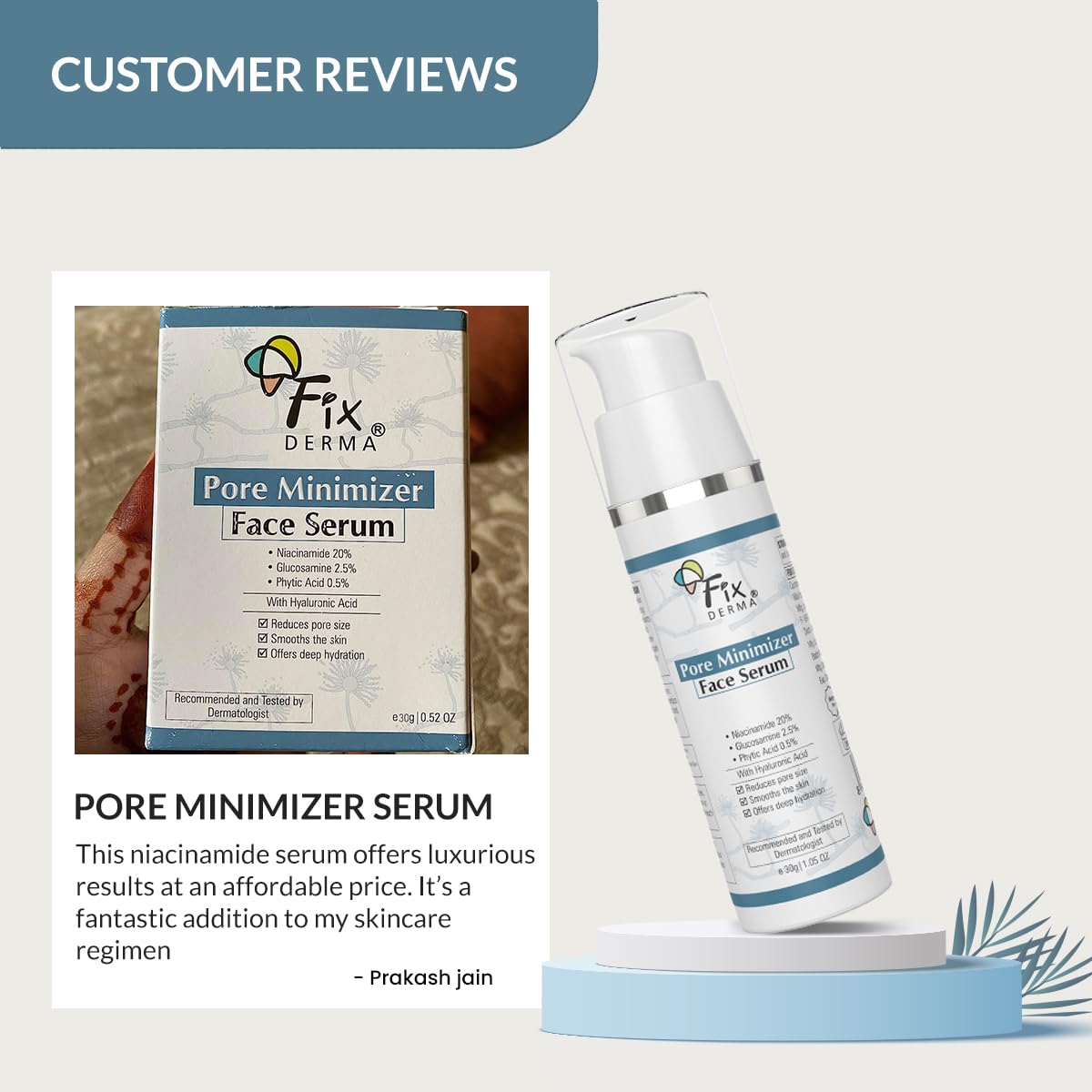 Fixderma 20% Niacinamide Serum for Face for Pore Minimizer with 2.5% Glucosamine & Hyaluronic Acid Serum | Open Pores Serum | Hydrating Serum | Face Serum for Men & Women - 30g Fixderma