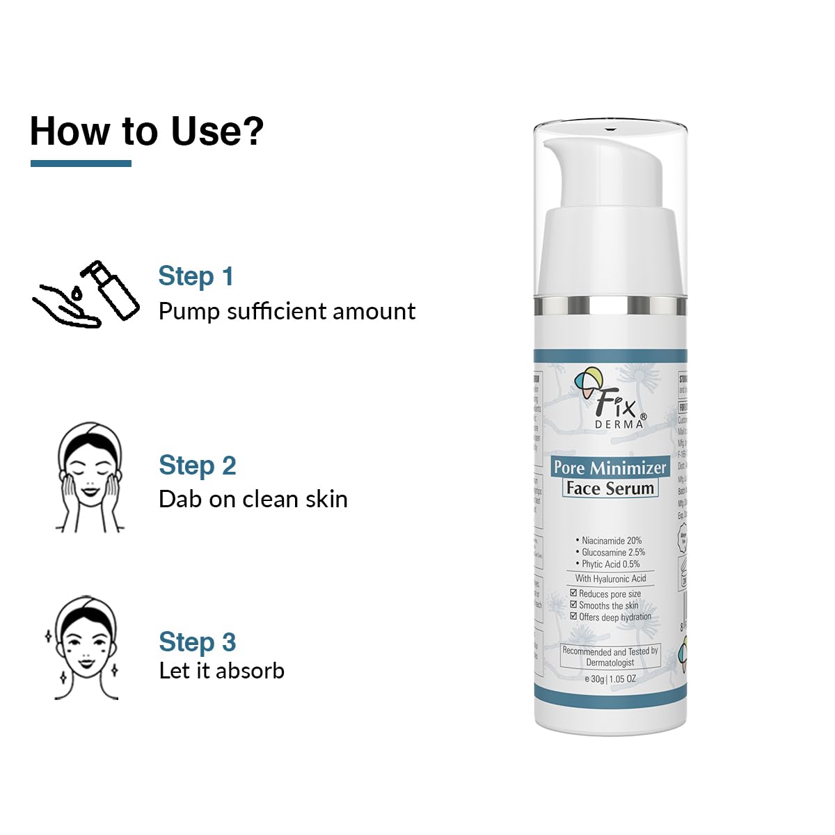 Fixderma 20% Niacinamide Serum for Face for Pore Minimizer with 2.5% Glucosamine & Hyaluronic Acid Serum | Open Pores Serum | Hydrating Serum | Face Serum for Men & Women - 30g Fixderma