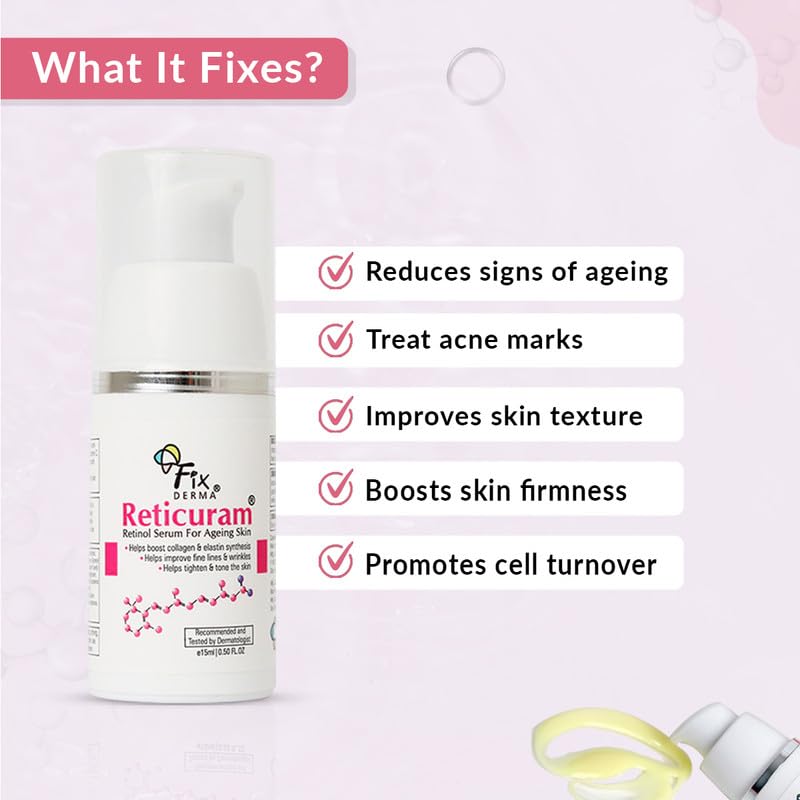 Fixderma 05% Pure Retinol Reticuram Face Serum for Anti Aging, Boost Collagen, Night Face Serum with Retinol & Vitamin C to Reduce Fine Lines & Wrinkles for Unisex - 15ml Fixderma
