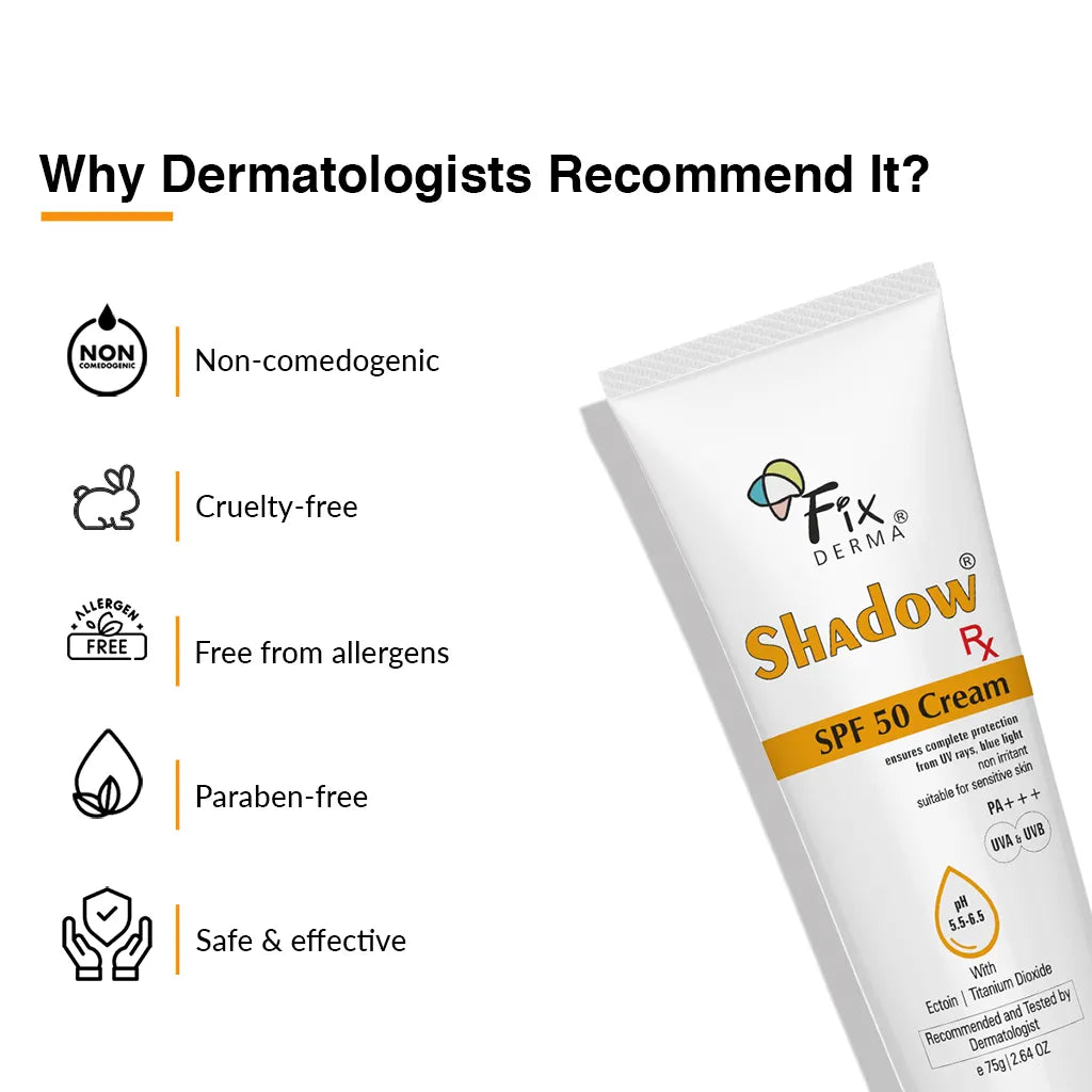 Fixderma Shadow Rx SPF 50 Cream | Protects the Skin from UV Rays, Blue Light and Pollution 75gm Fixderma