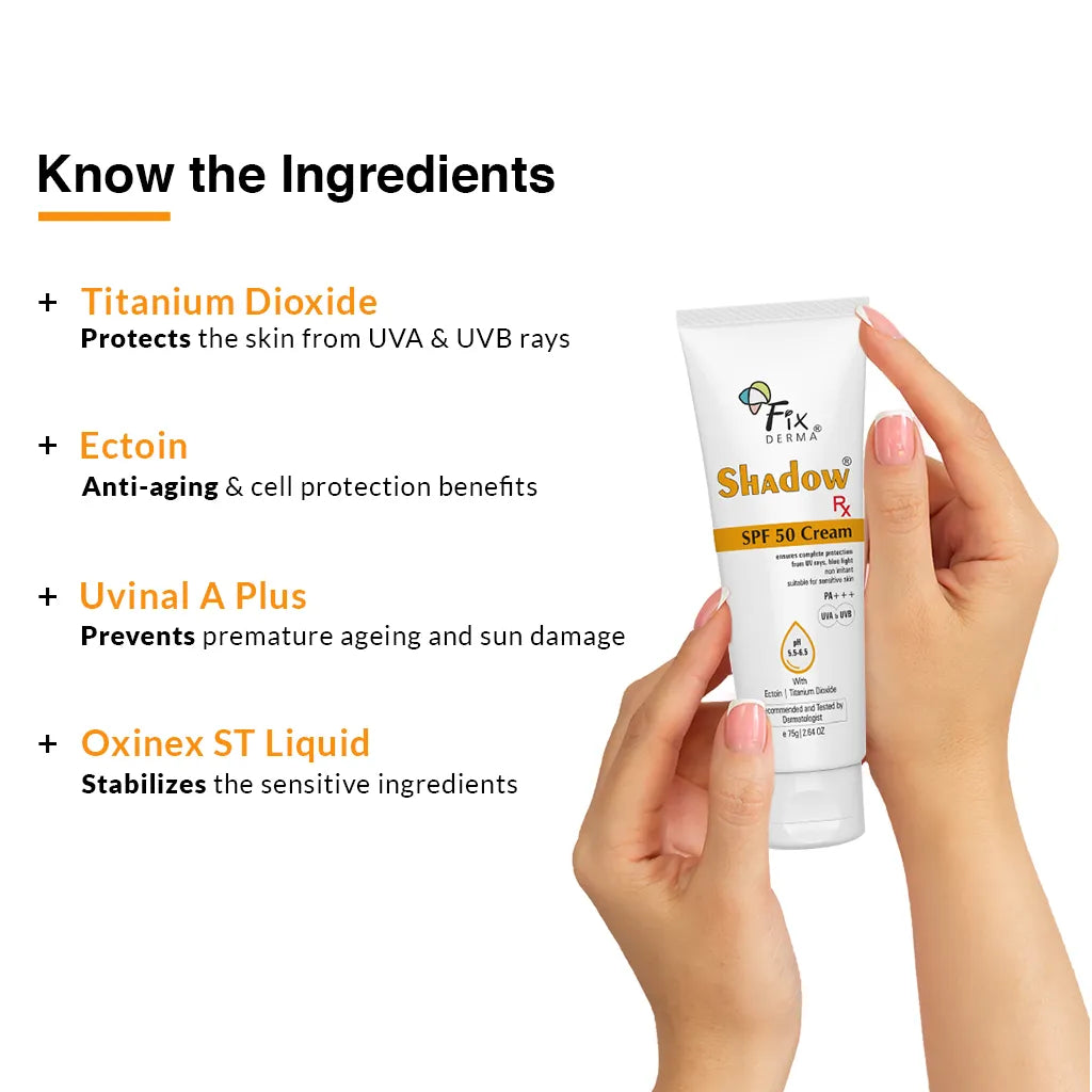 Fixderma Shadow Rx SPF 50 Cream | Protects the Skin from UV Rays, Blue Light and Pollution 75gm Fixderma
