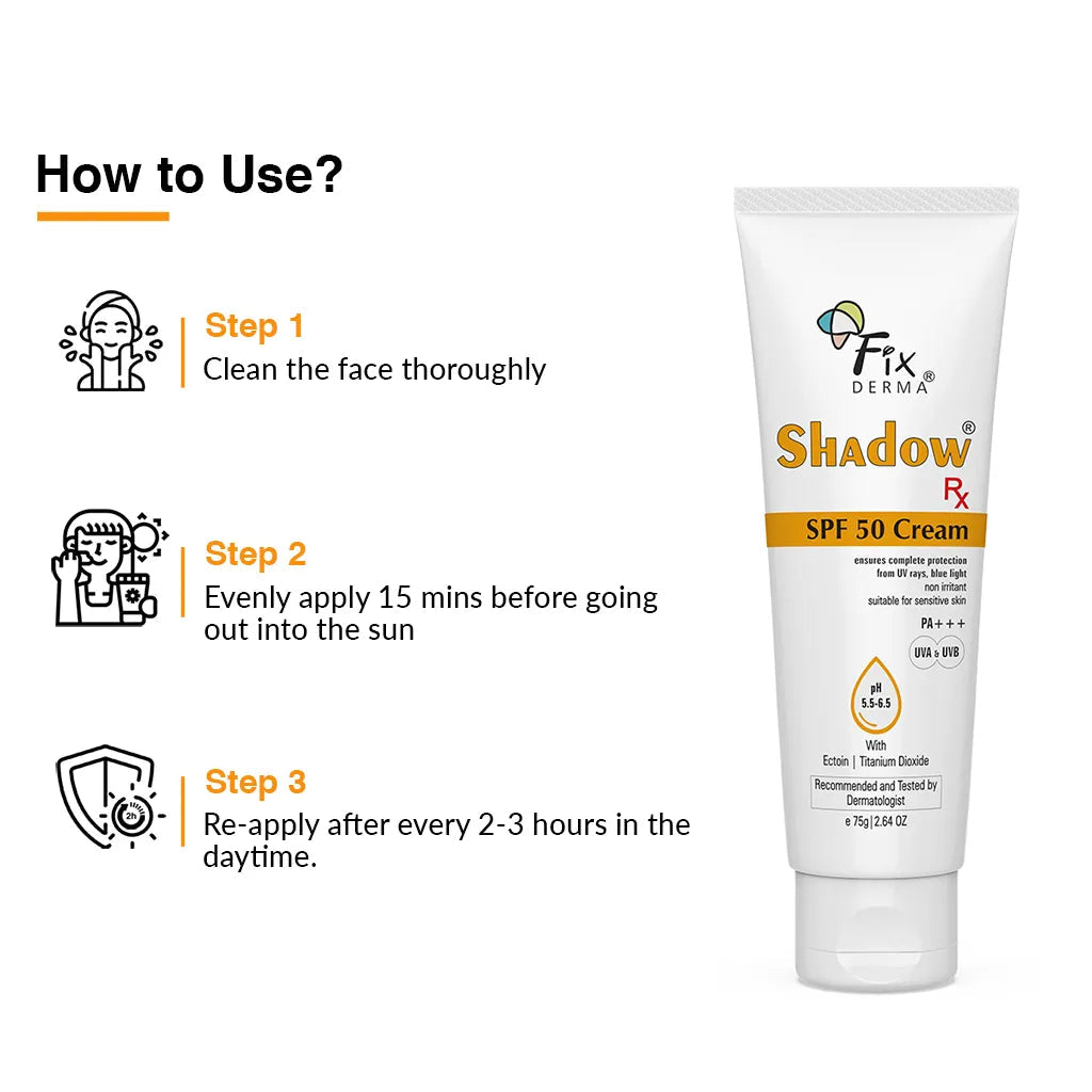 Fixderma Shadow Rx SPF 50 Cream | Protects the Skin from UV Rays, Blue Light and Pollution 75gm Fixderma