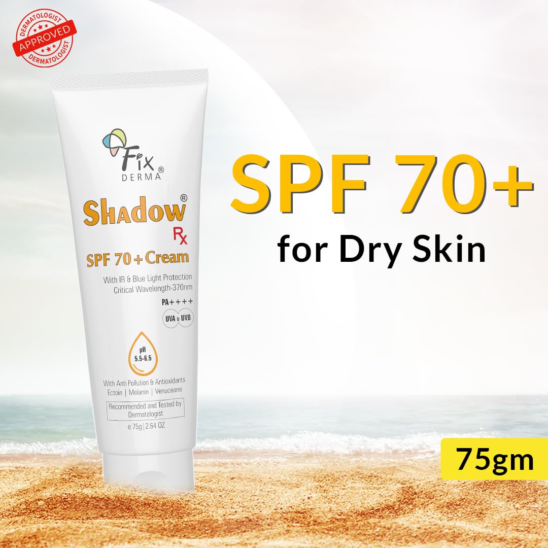 Fixderma Shadow RX Sunscreen SPF 70+ Cream PA++++ | Sunscreen for Dry Skin | Sunblock SPF 70 | Hybrid Sunscreen with UVA & UVB Filters, Antioxidants, IR Protection and Blue Light Protection - 75gm Fixderma